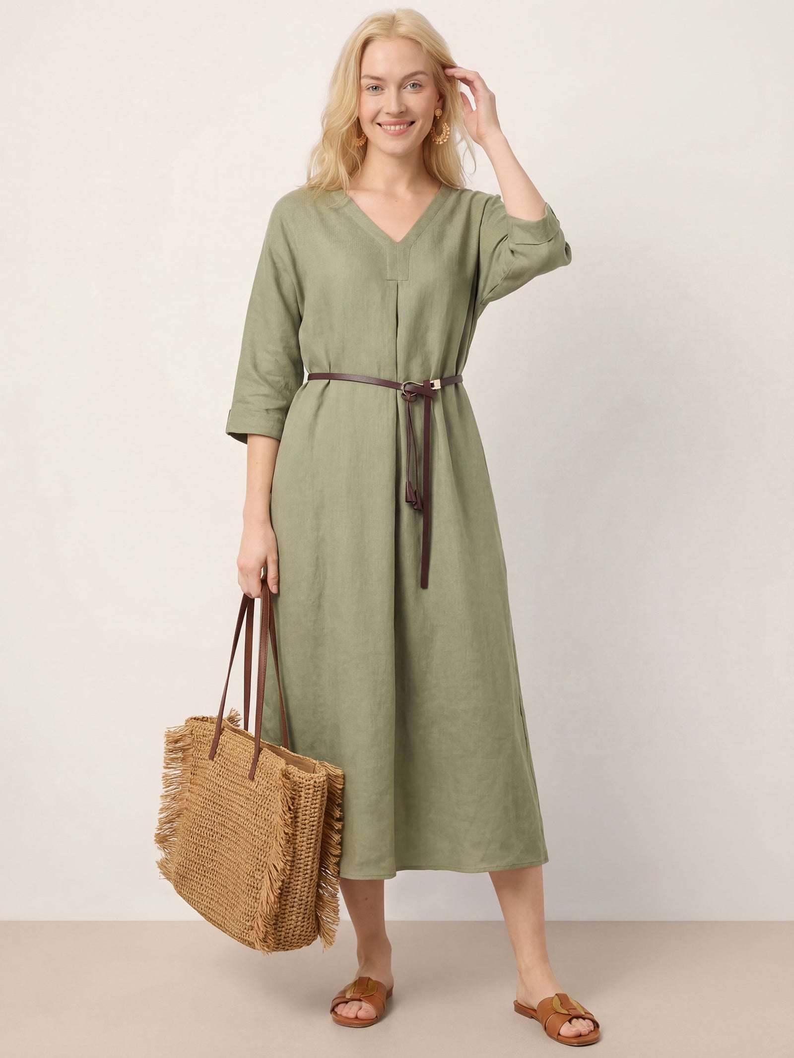 LINTICO 100% Linen Center Pleat V-Neck Cuffed Sleeve Maxi Dress ZENOBIA — detail shot 9