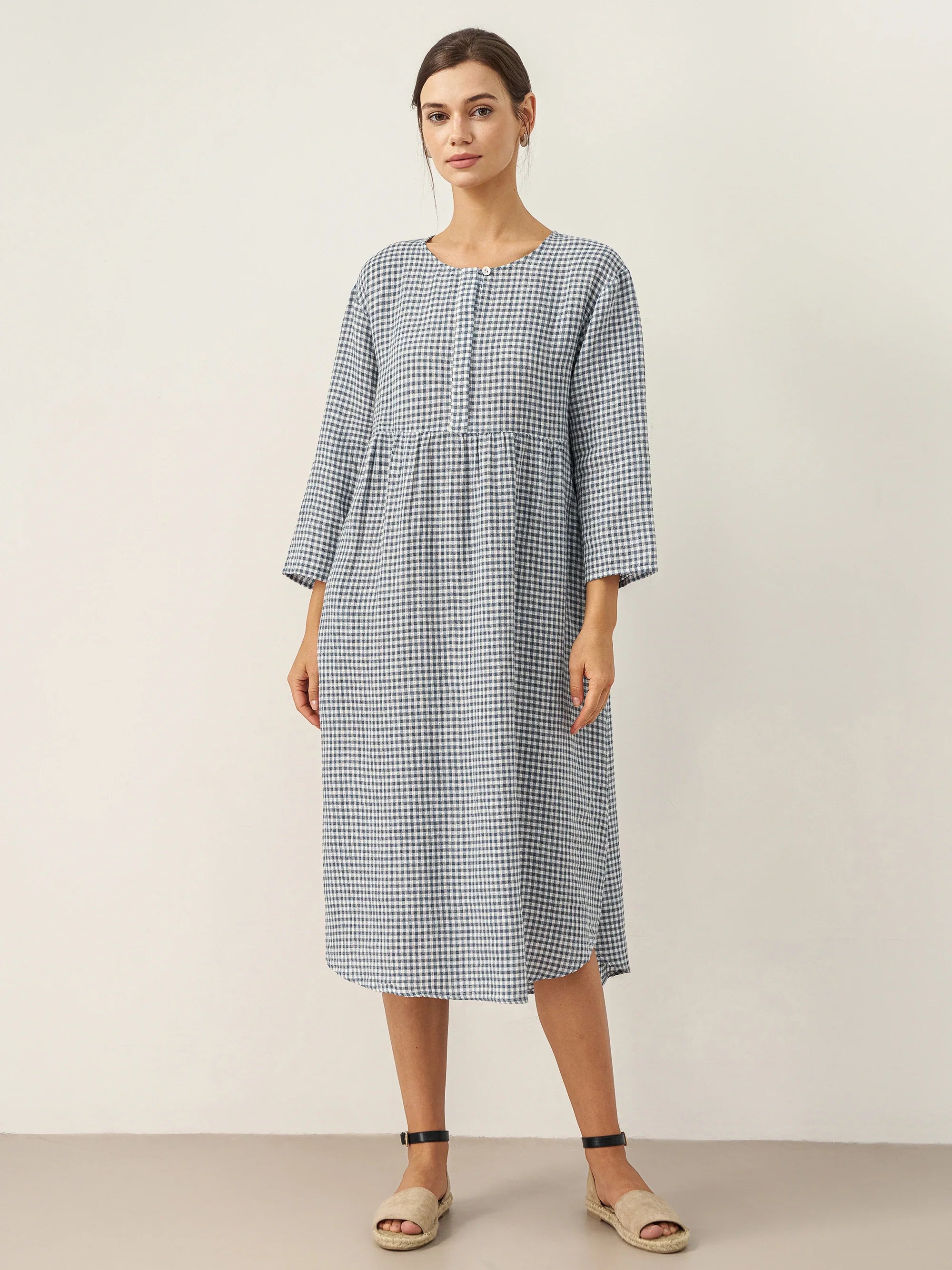 LINTICO LINTICO Linen Check Long Sleeve Midi Dress FIRTH — main product shot