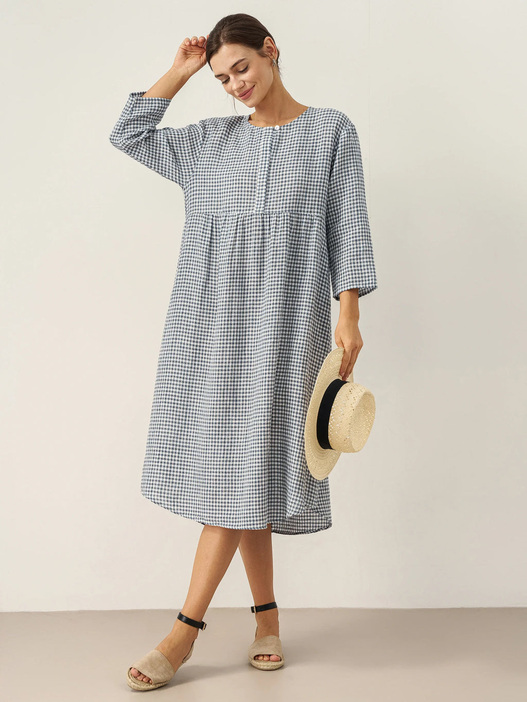 LINTICO LINTICO Linen Check Long Sleeve Midi Dress FIRTH — detail shot 8