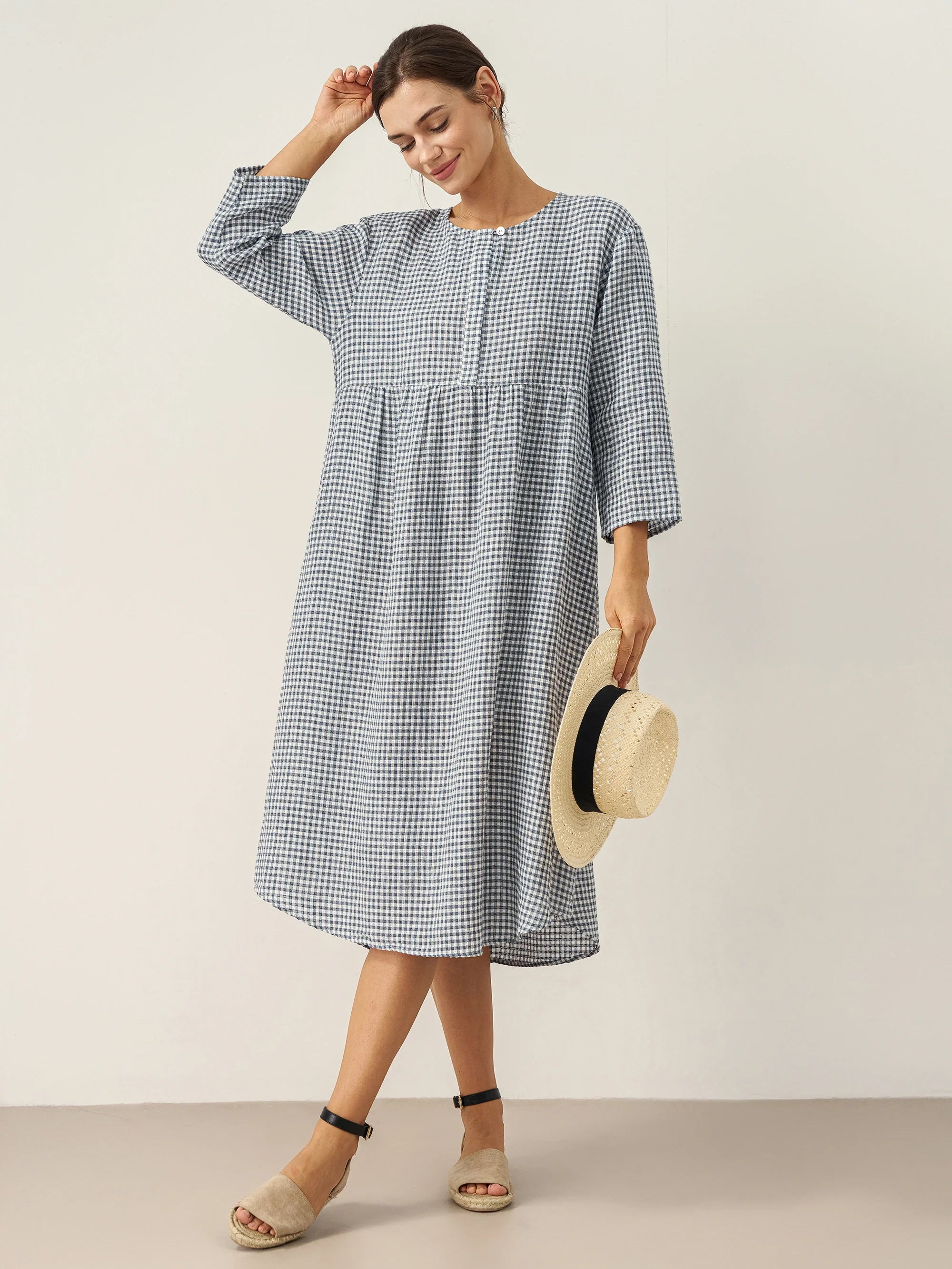 LINTICO LINTICO Linen Check Long Sleeve Midi Dress FIRTH — detail shot 8