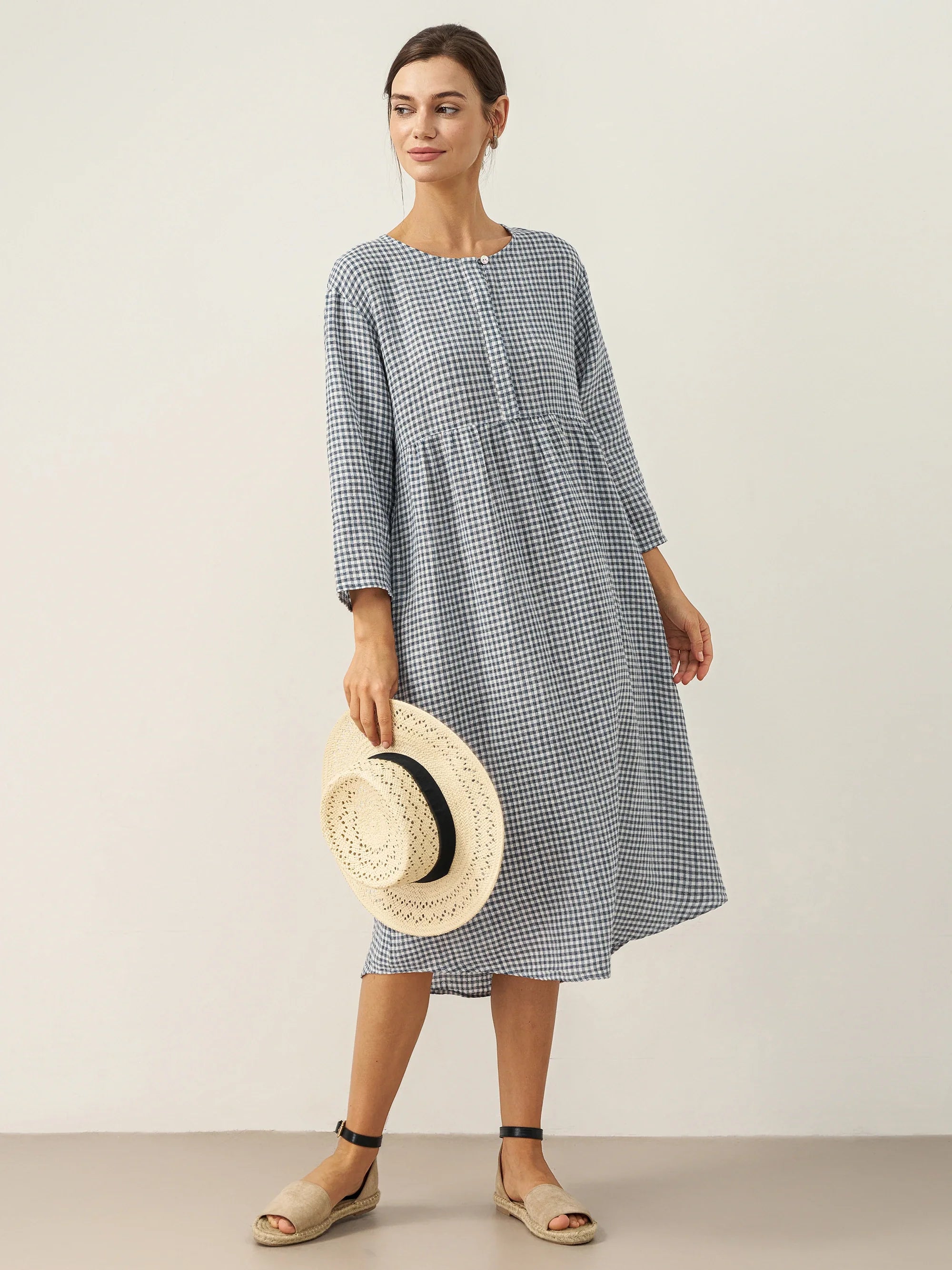 LINTICO LINTICO Linen Check Long Sleeve Midi Dress FIRTH — detail shot 9