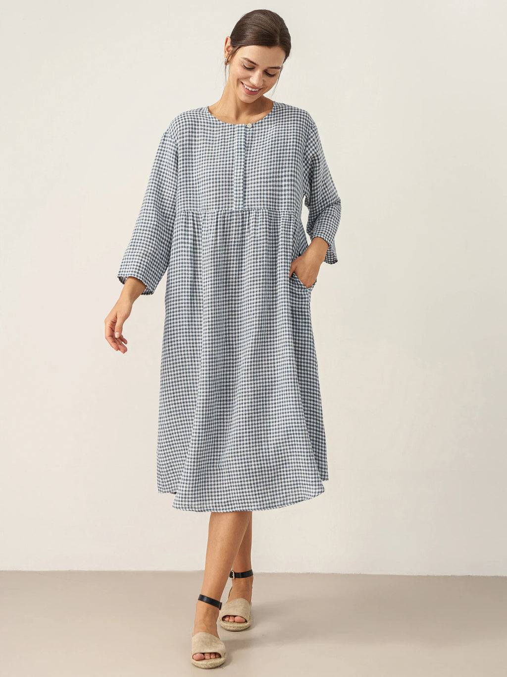 LINTICO LINTICO Linen Check Long Sleeve Midi Dress FIRTH — Long Sleeve detail