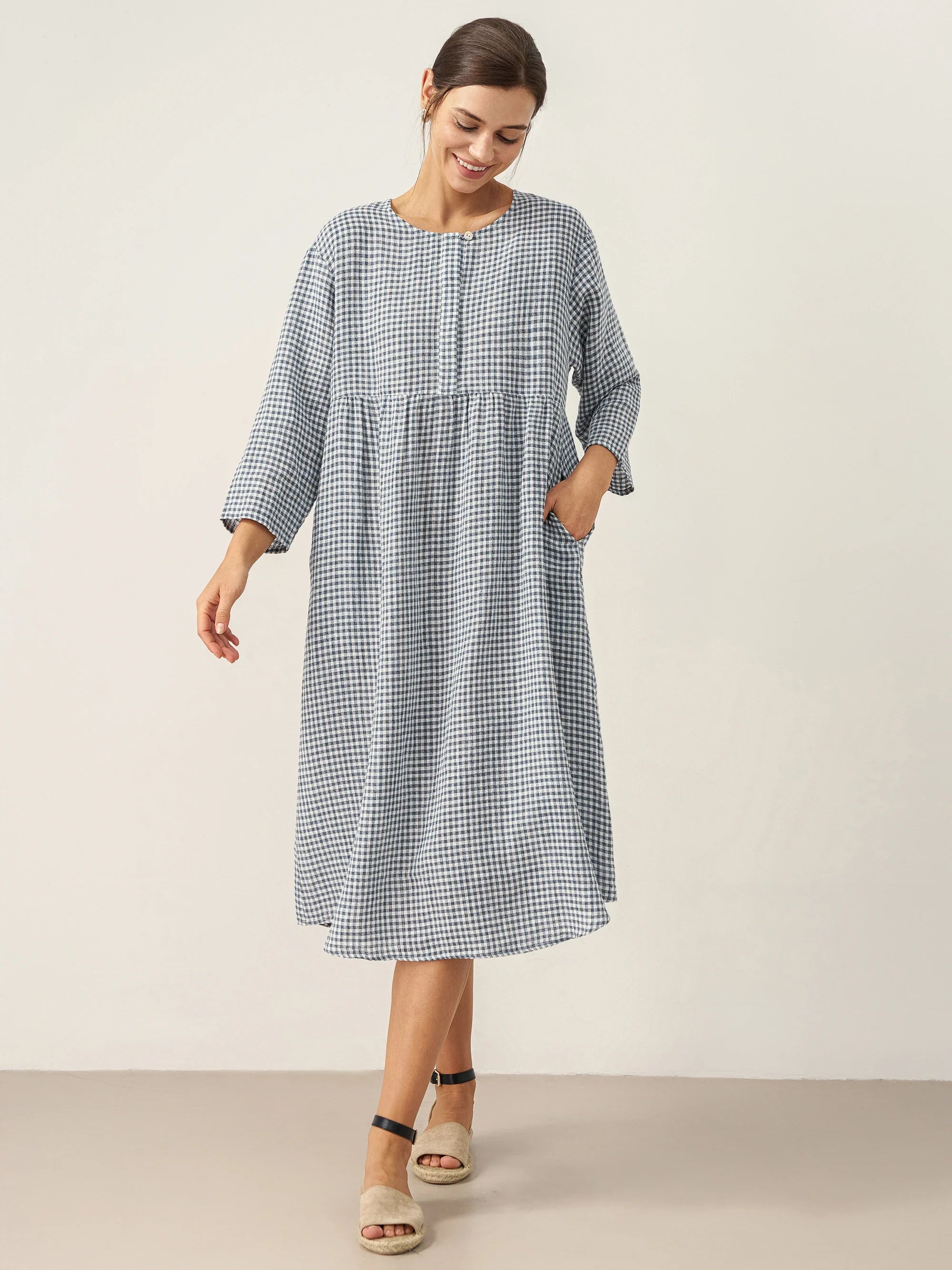 LINTICO LINTICO Linen Check Long Sleeve Midi Dress FIRTH — Long Sleeve detail