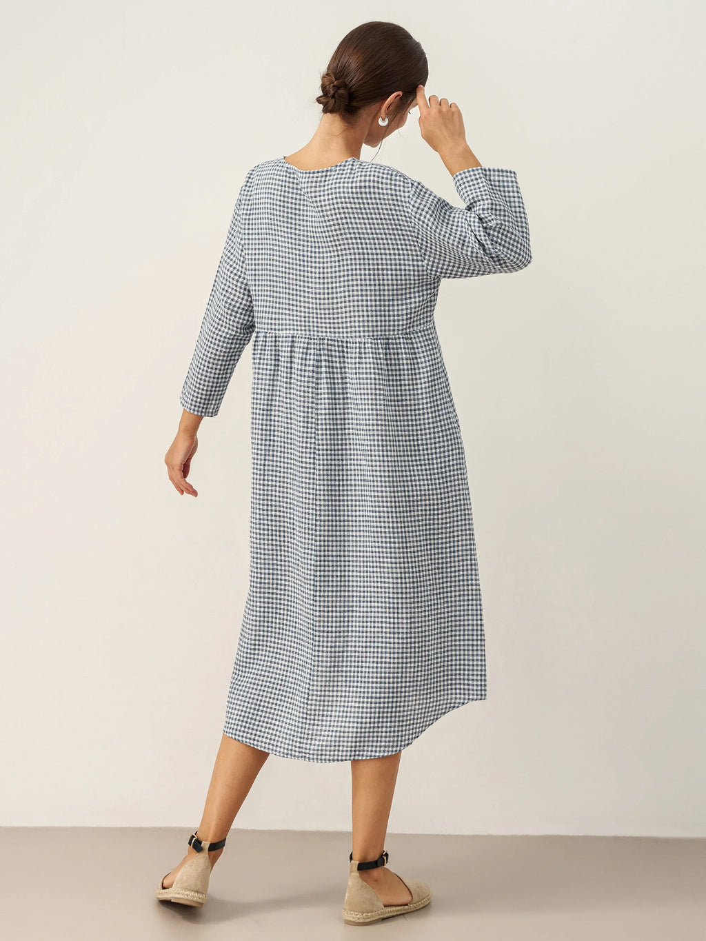 LINTICO LINTICO Linen Check Long Sleeve Midi Dress FIRTH — dresses-midi dresses-linen blend category context