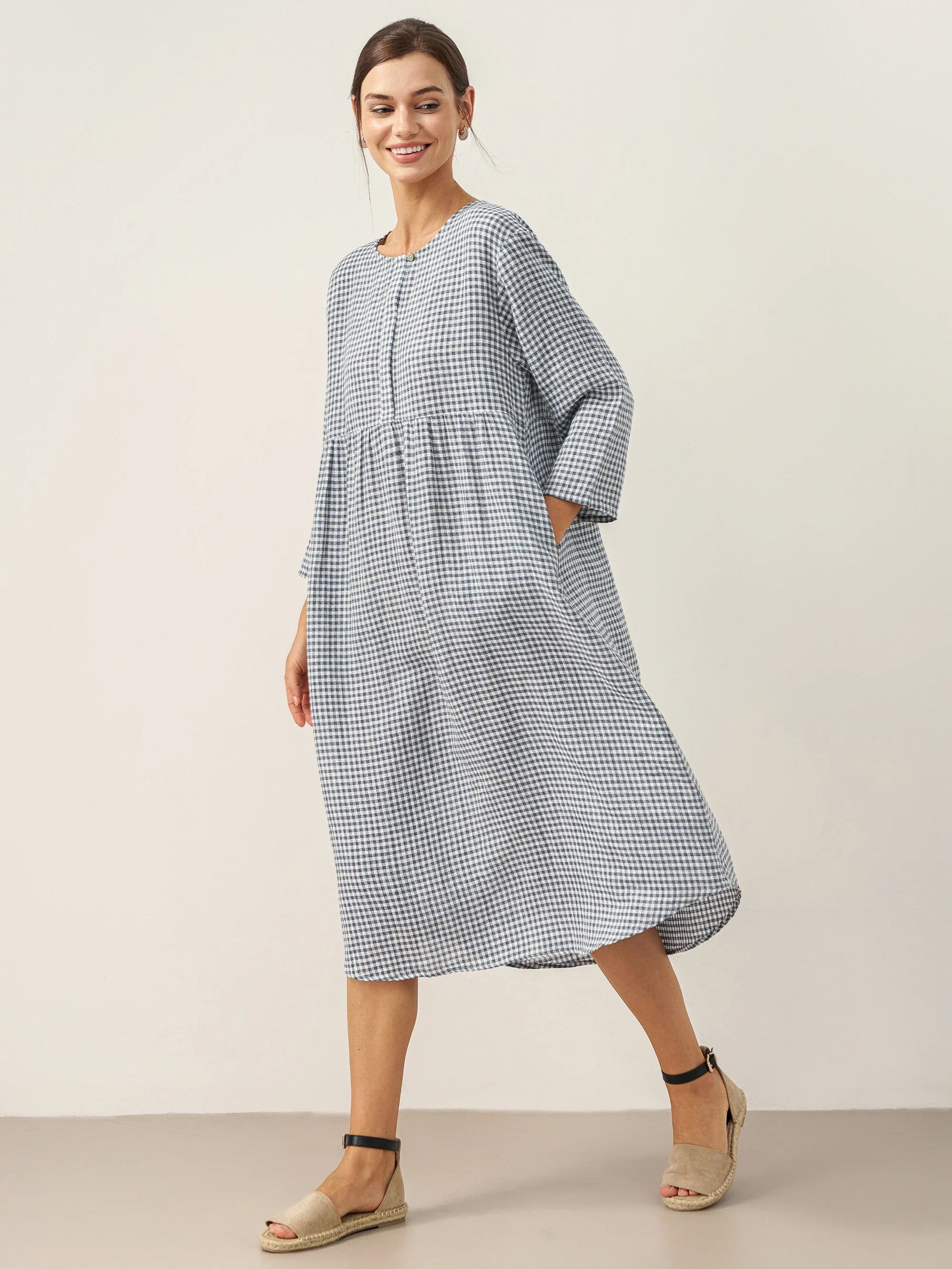 LINTICO LINTICO Linen Check Long Sleeve Midi Dress FIRTH — LINTICO branding close-up
