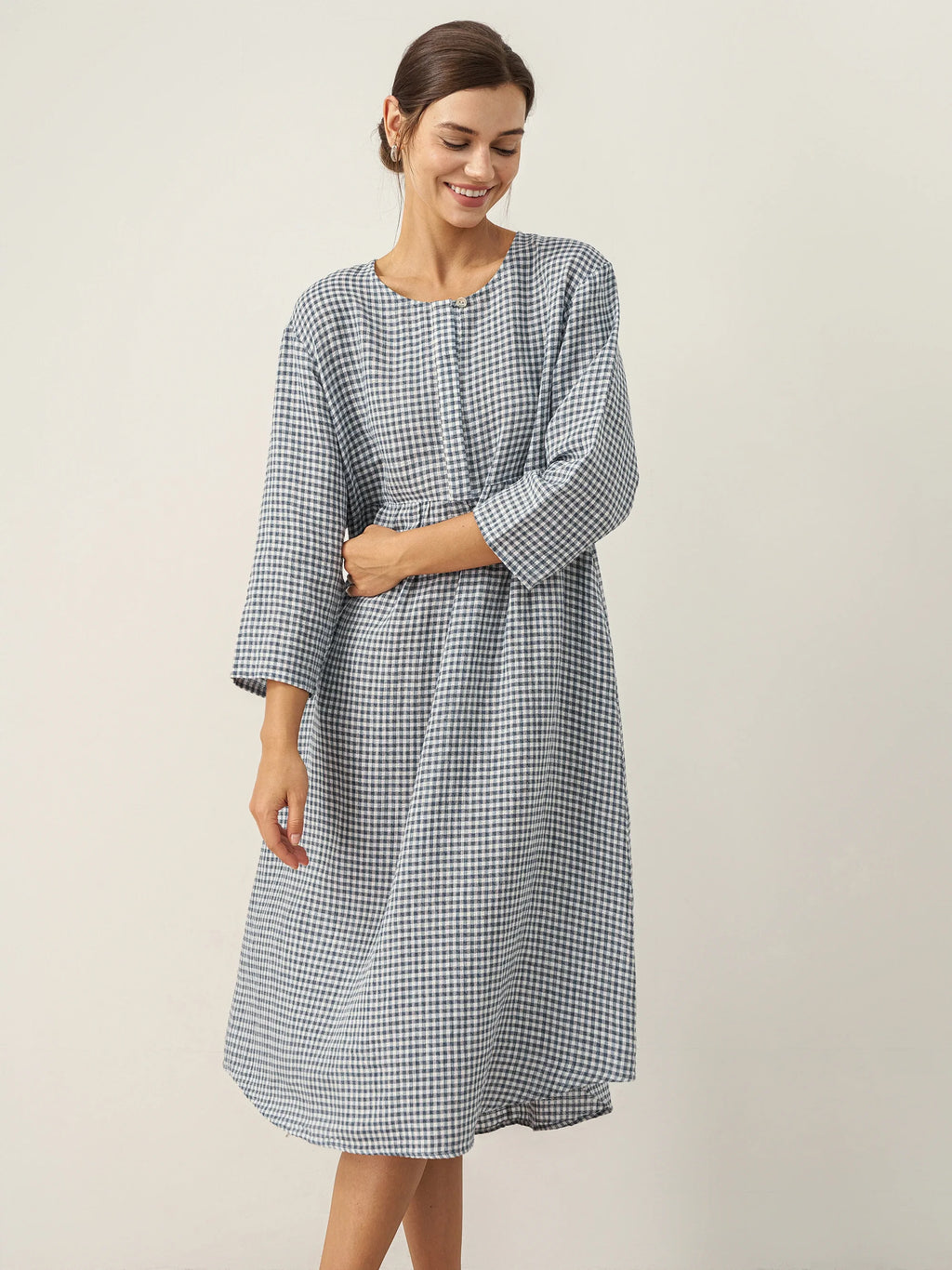 LINTICO LINTICO Linen Check Long Sleeve Midi Dress FIRTH — lifestyle worn / used context