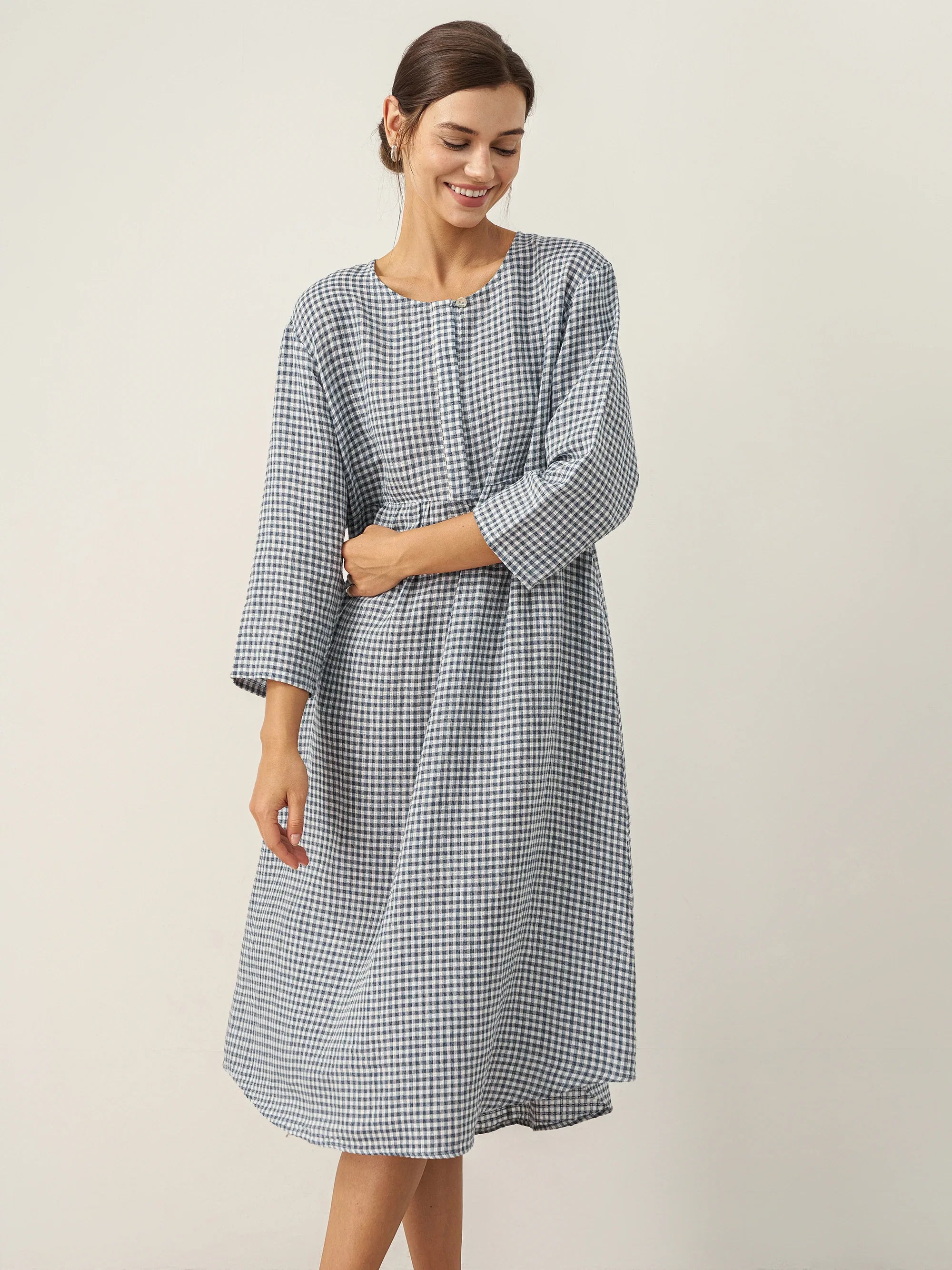 LINTICO LINTICO Linen Check Long Sleeve Midi Dress FIRTH — lifestyle worn / used context
