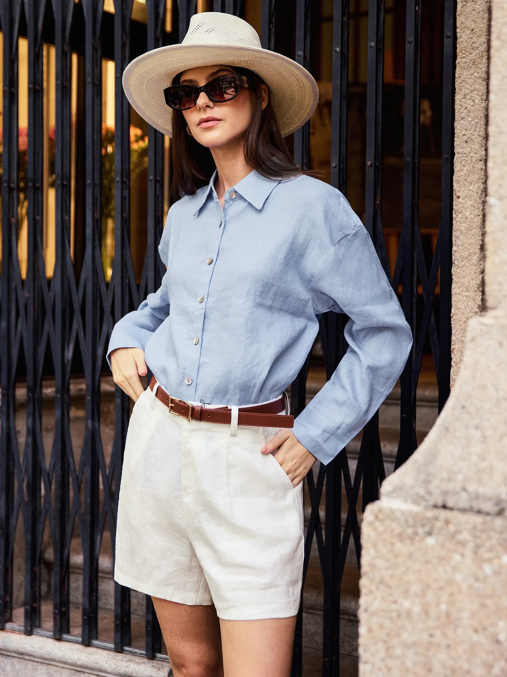 LINTICO 100% Linen Pleated Linen Shorts ELLEN — construction detail