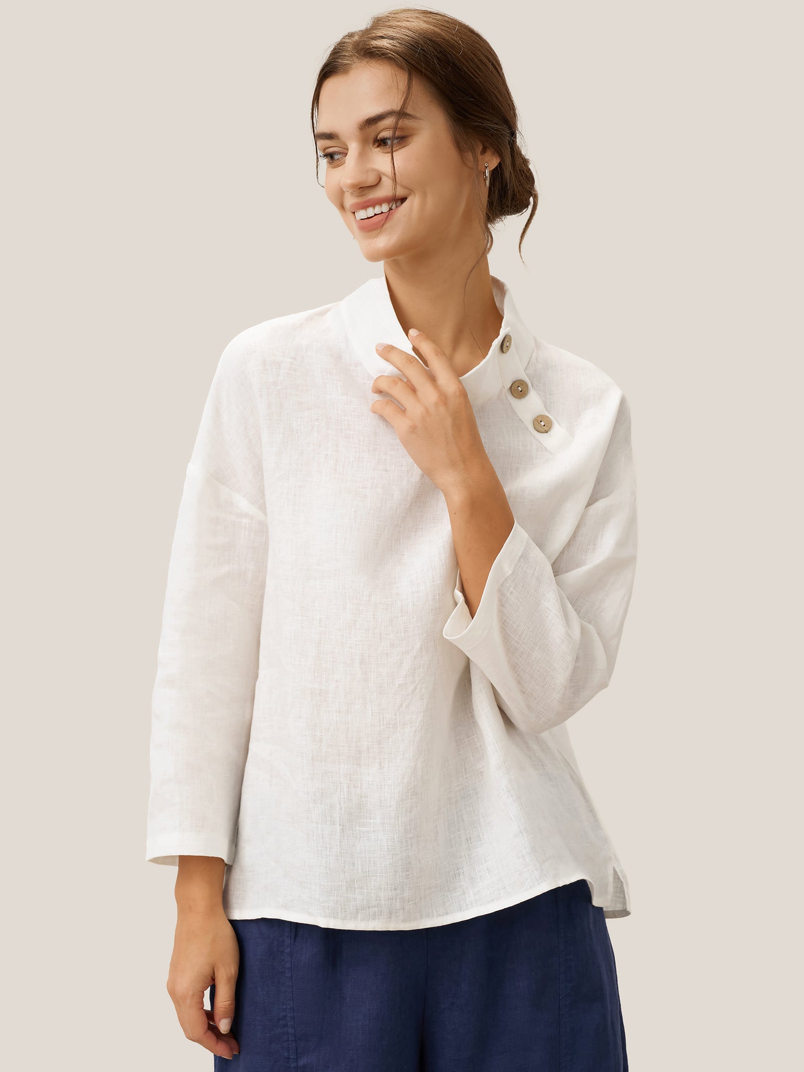 LINTICO 100% Linen Classic Side Neck Top CORA — lifestyle worn / used context