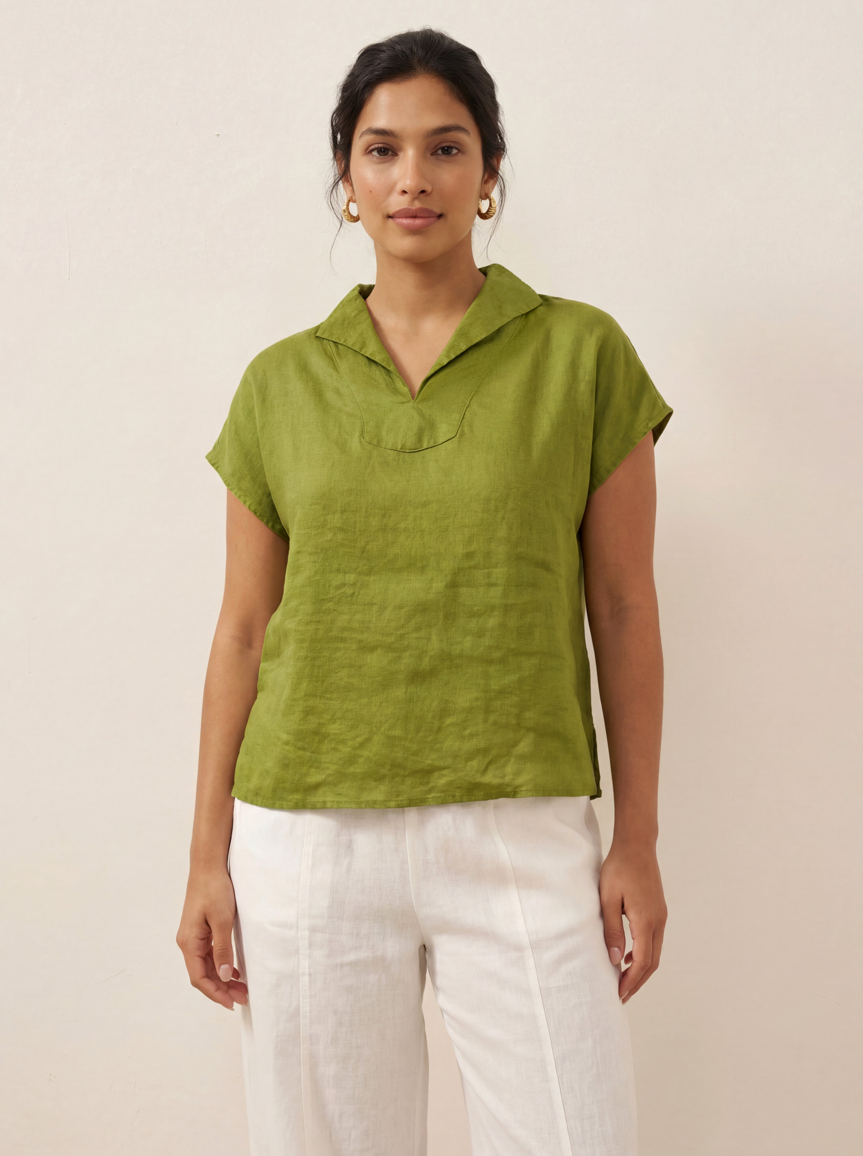 LINTICO LINTICO 100% Linen Collared Cap Sleeve Top IVY — main product shot