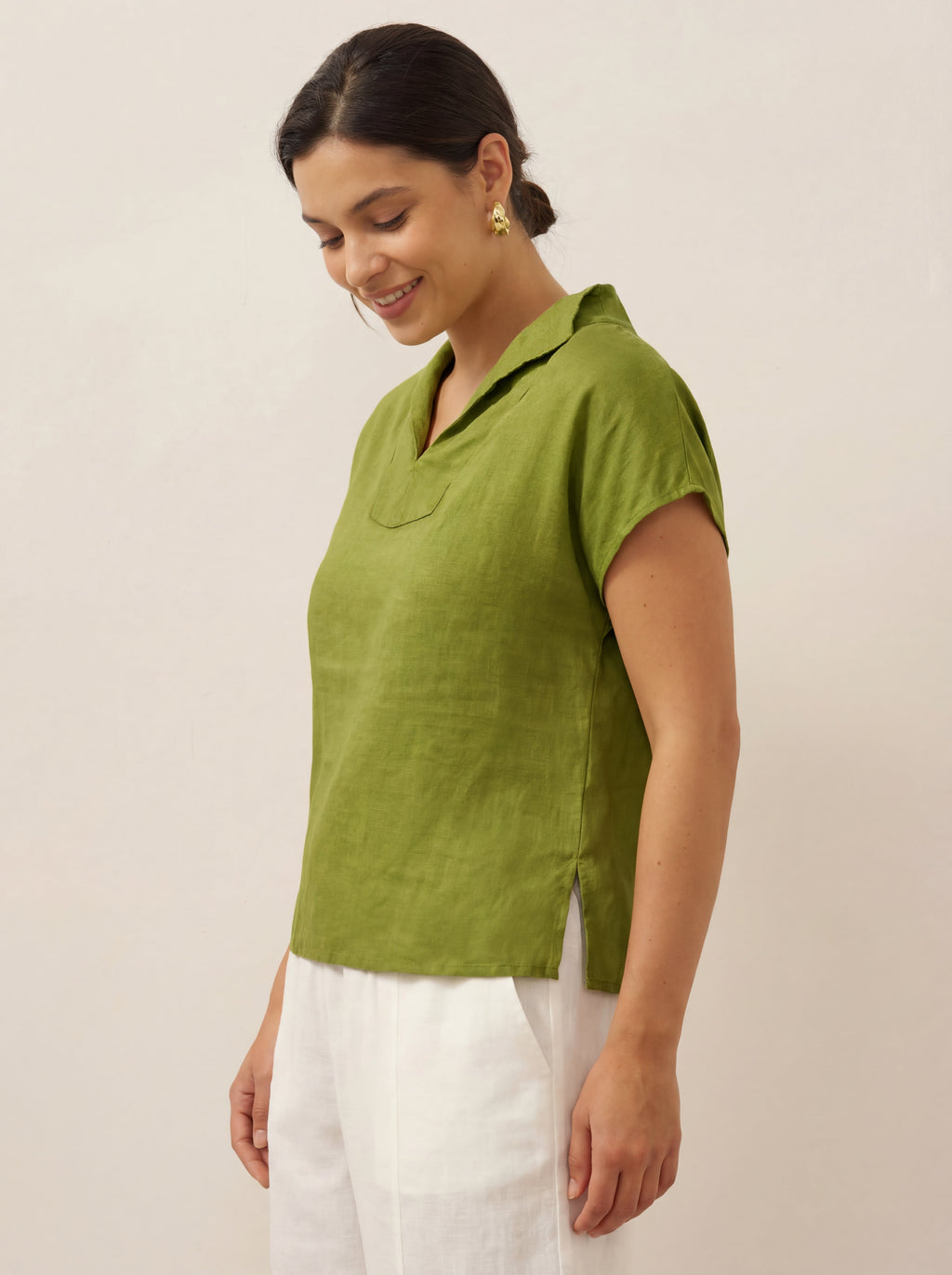 LINTICO LINTICO 100% Linen Collared Cap Sleeve Top IVY — tops-blouses-linen category context