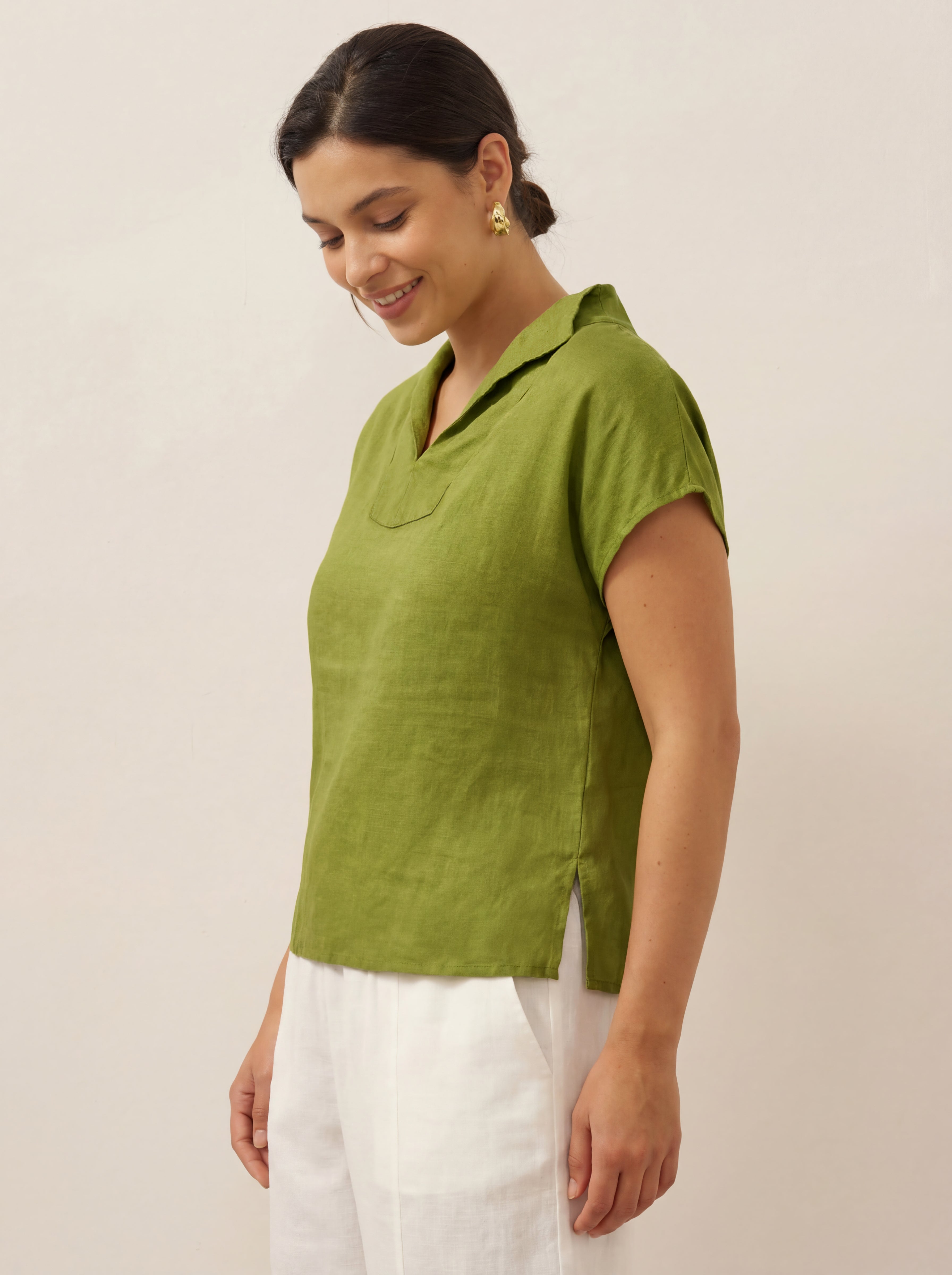 LINTICO LINTICO 100% Linen Collared Cap Sleeve Top IVY — tops-blouses-linen category context
