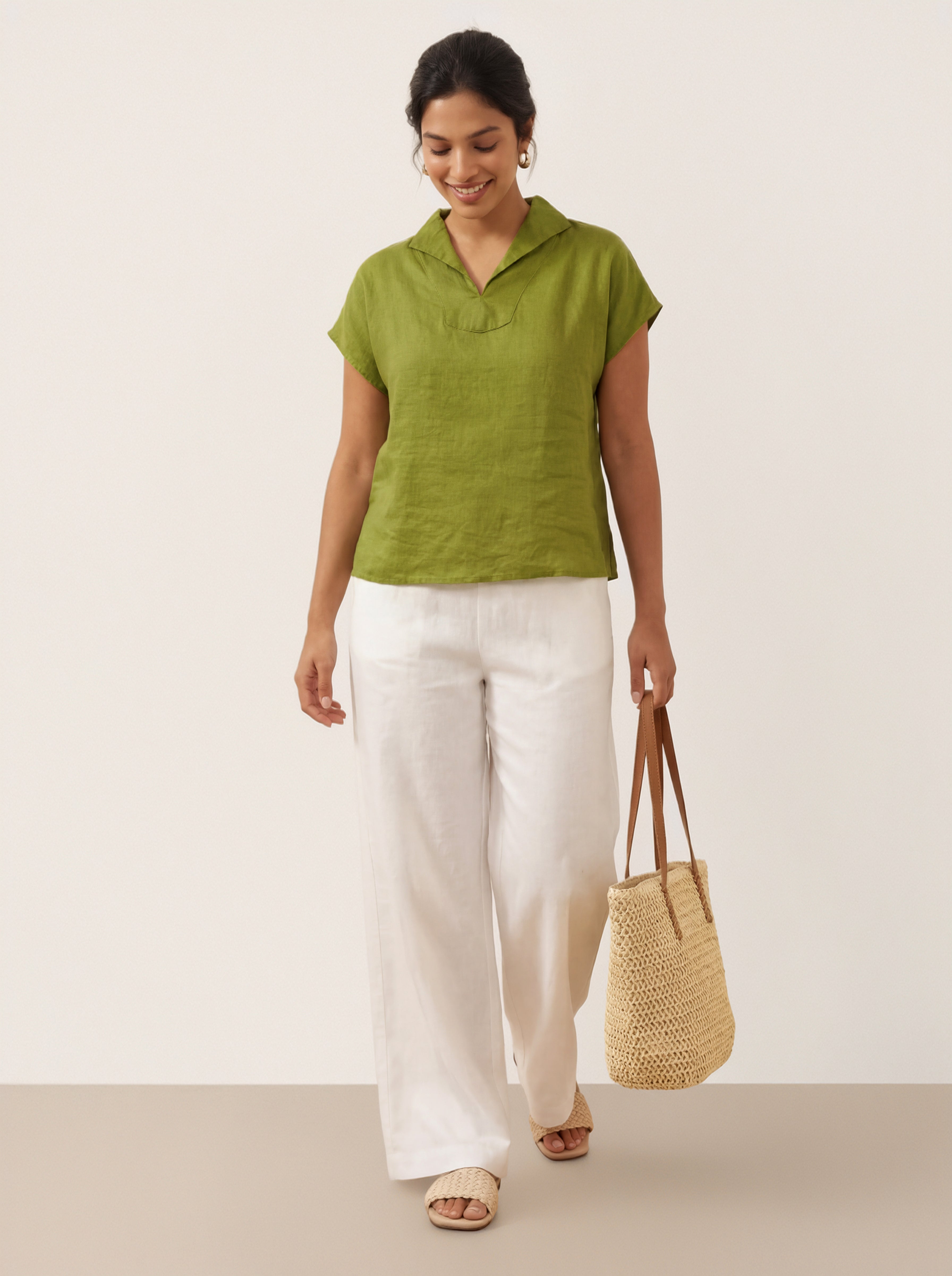 LINTICO LINTICO 100% Linen Collared Cap Sleeve Top IVY — detail shot 6