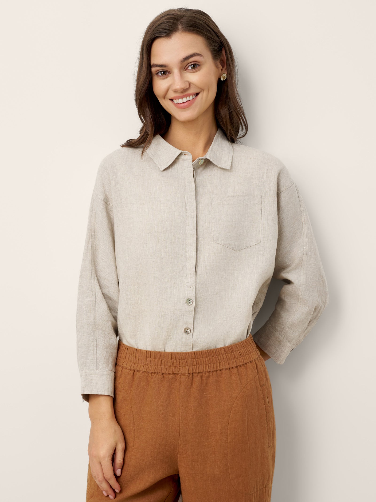 LINTICO 100% Linen Concealed Placket Patch Pocket Shirt FELICITY — lifestyle worn / used context