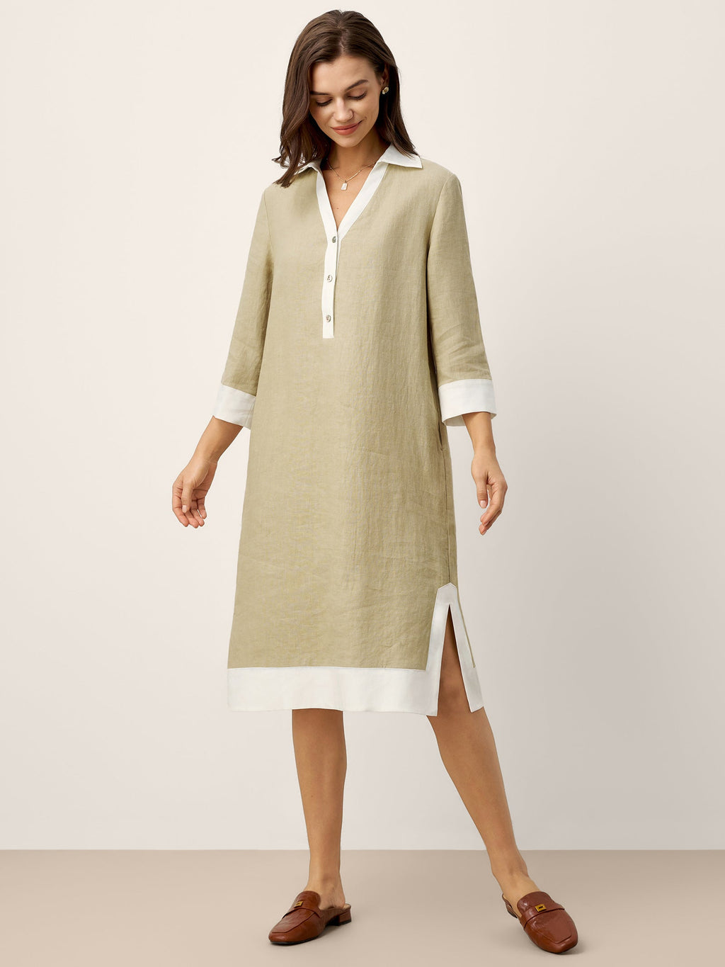 LINTICO 100% Linen Contrast Panel V-neck Layered Lapel Midi Shirt Dress PERSEPHONE — LINTICO branding close-up