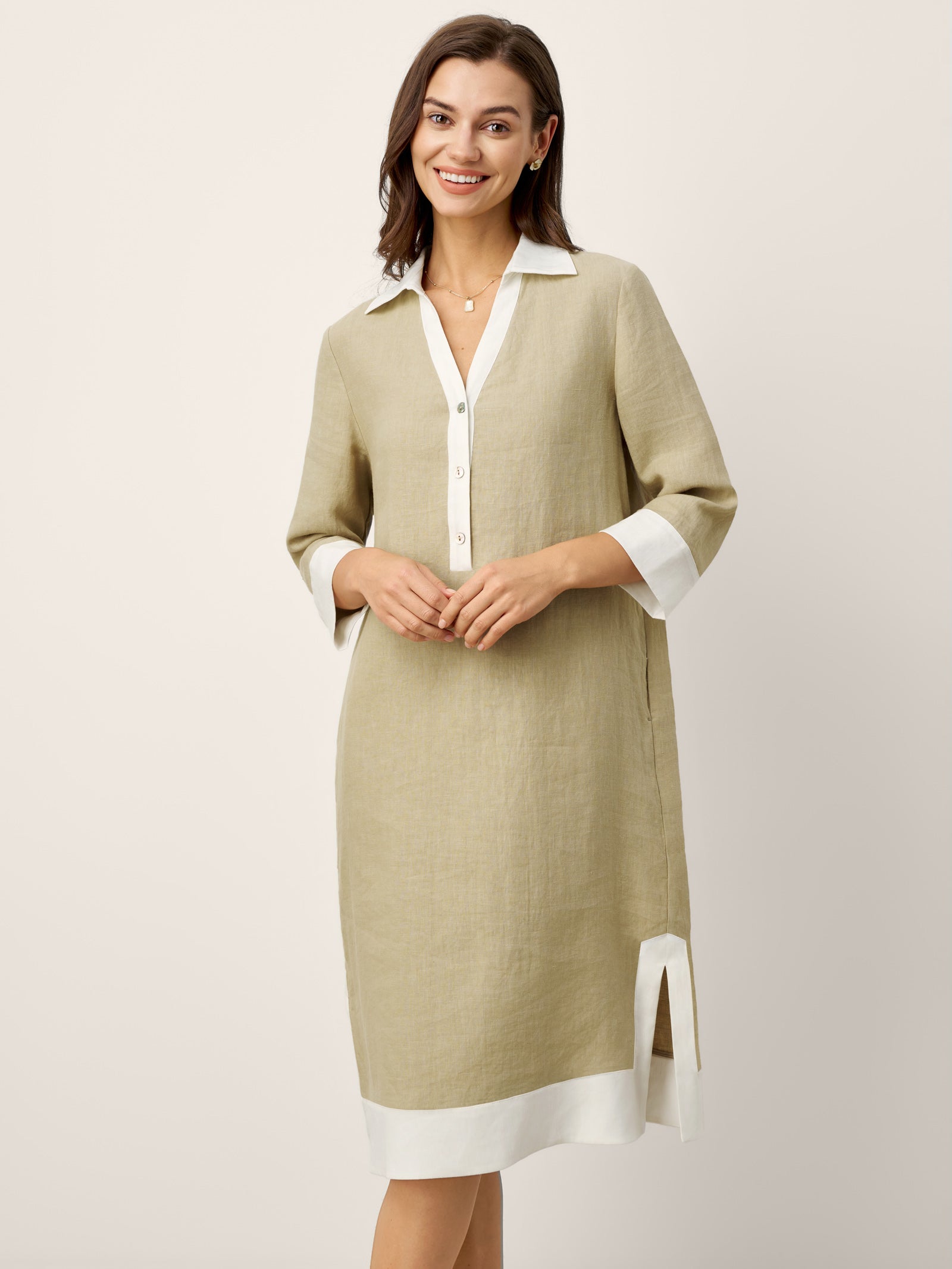 LINTICO 100% Linen Contrast Panel V-neck Layered Lapel Midi Shirt Dress PERSEPHONE — detail shot 6