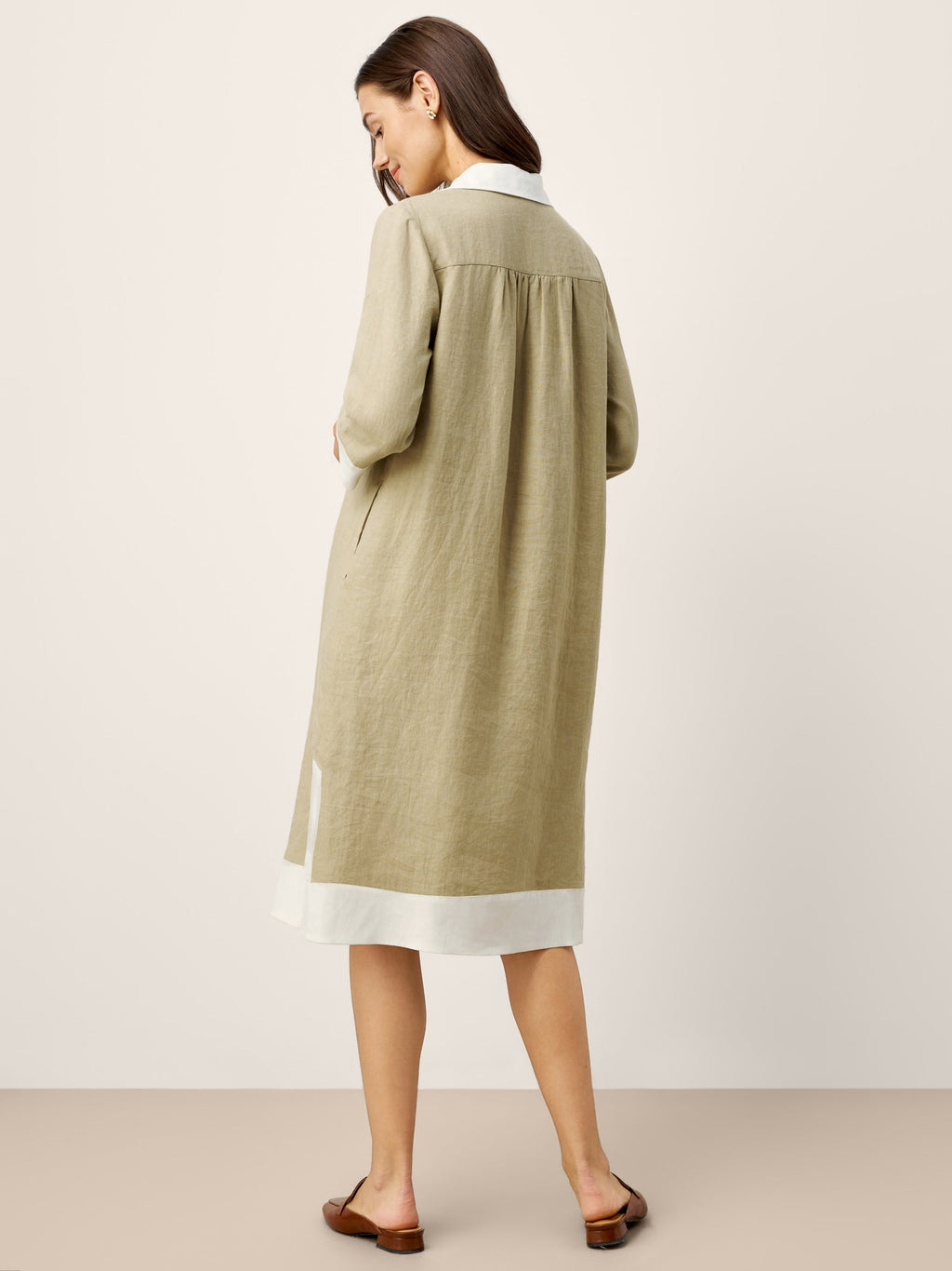 LINTICO 100% Linen Contrast Panel V-neck Layered Lapel Midi Shirt Dress PERSEPHONE — dresses-midi dresses-linen blend category context