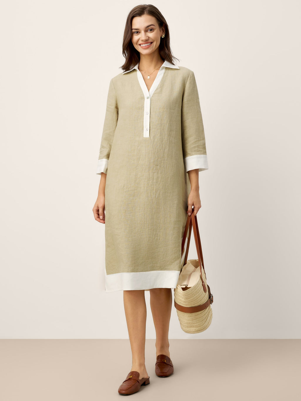 LINTICO 100% Linen Contrast Panel V-neck Layered Lapel Midi Shirt Dress PERSEPHONE — lifestyle worn / used context