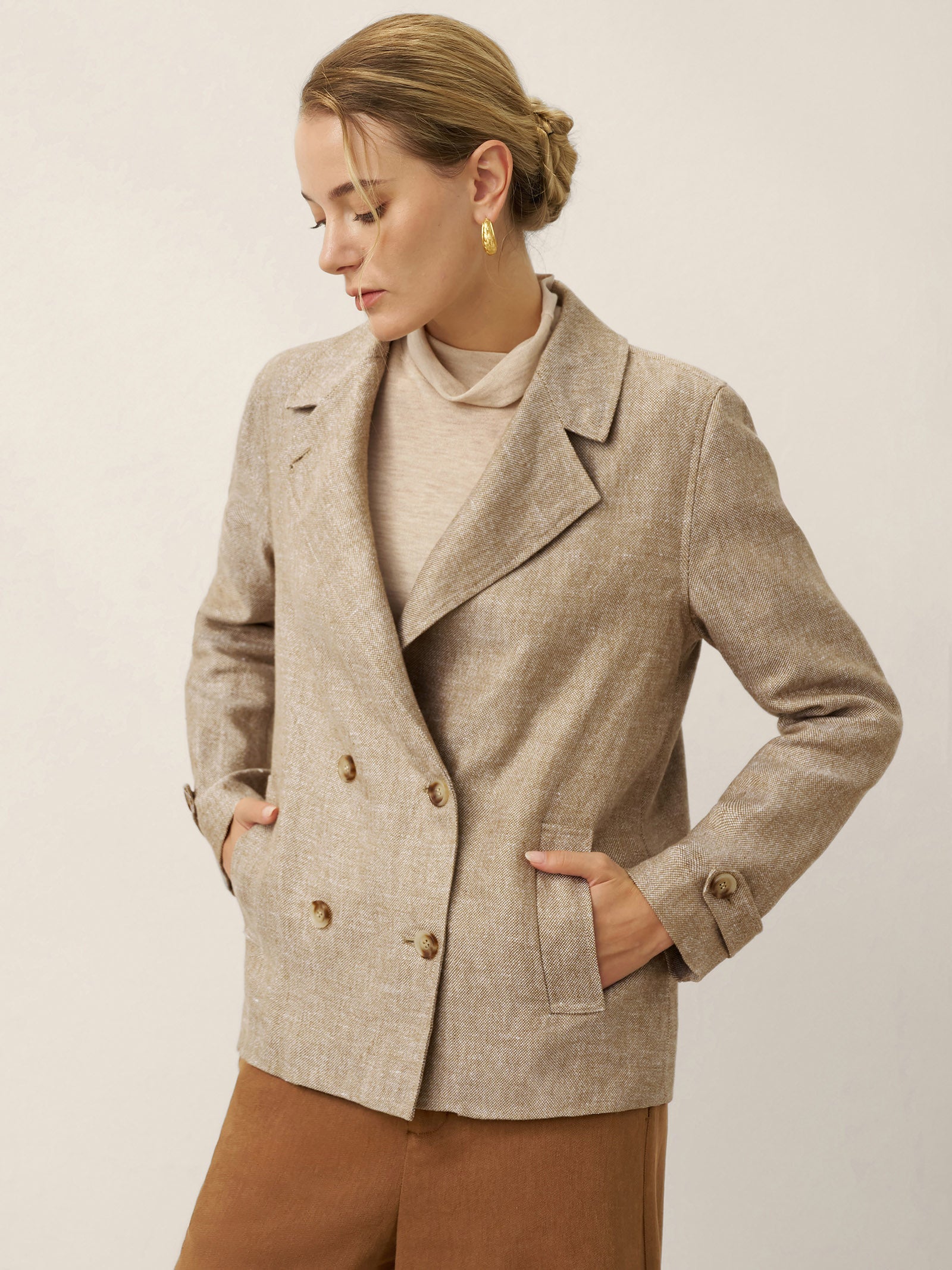 LINTICO 100% Linen Convertible Stand Collar Double Breasted Blazer Jacket NAOMI — LINTICO branding close-up