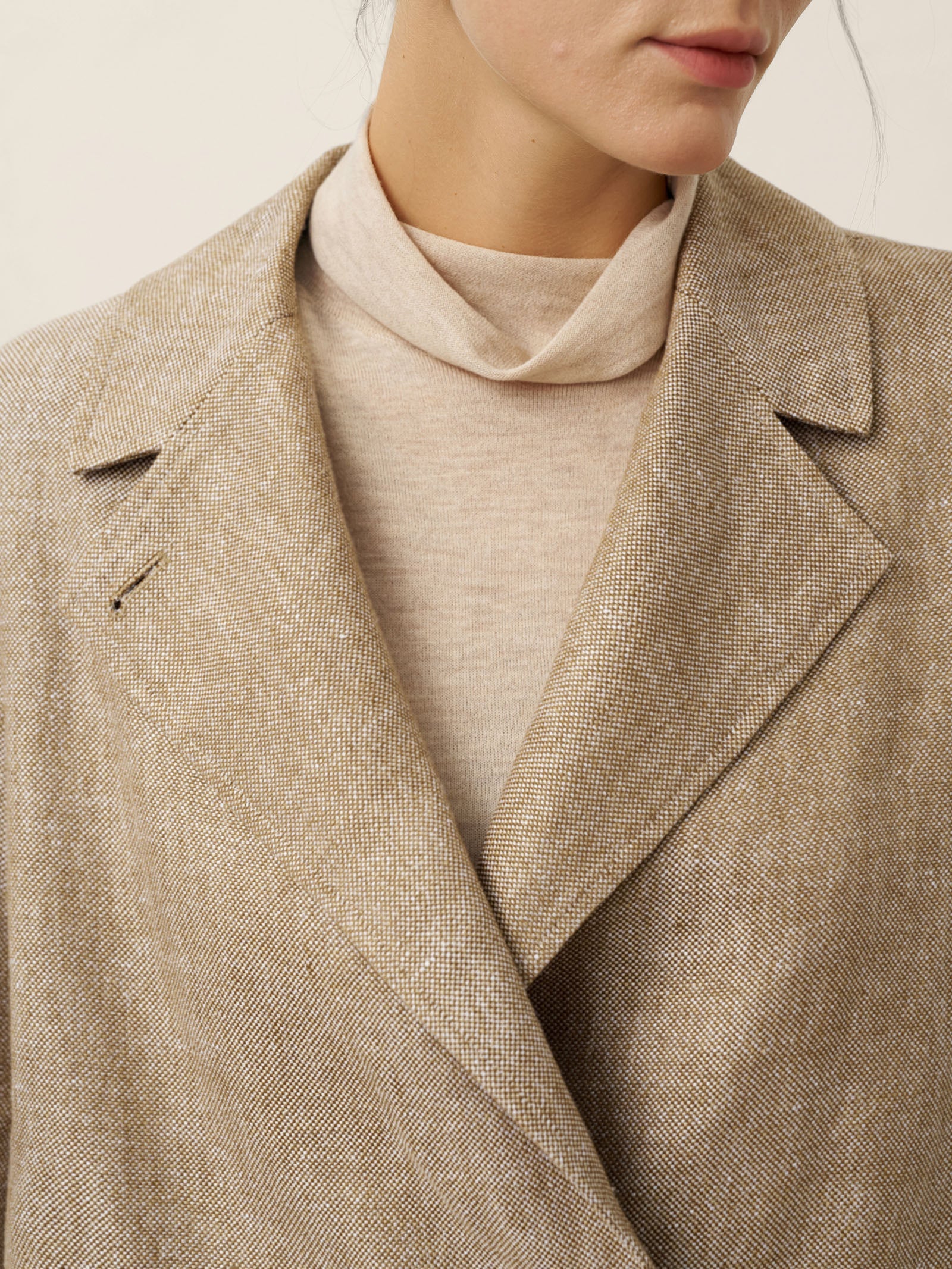 LINTICO 100% Linen Convertible Stand Collar Double Breasted Blazer Jacket NAOMI — lifestyle worn / used context