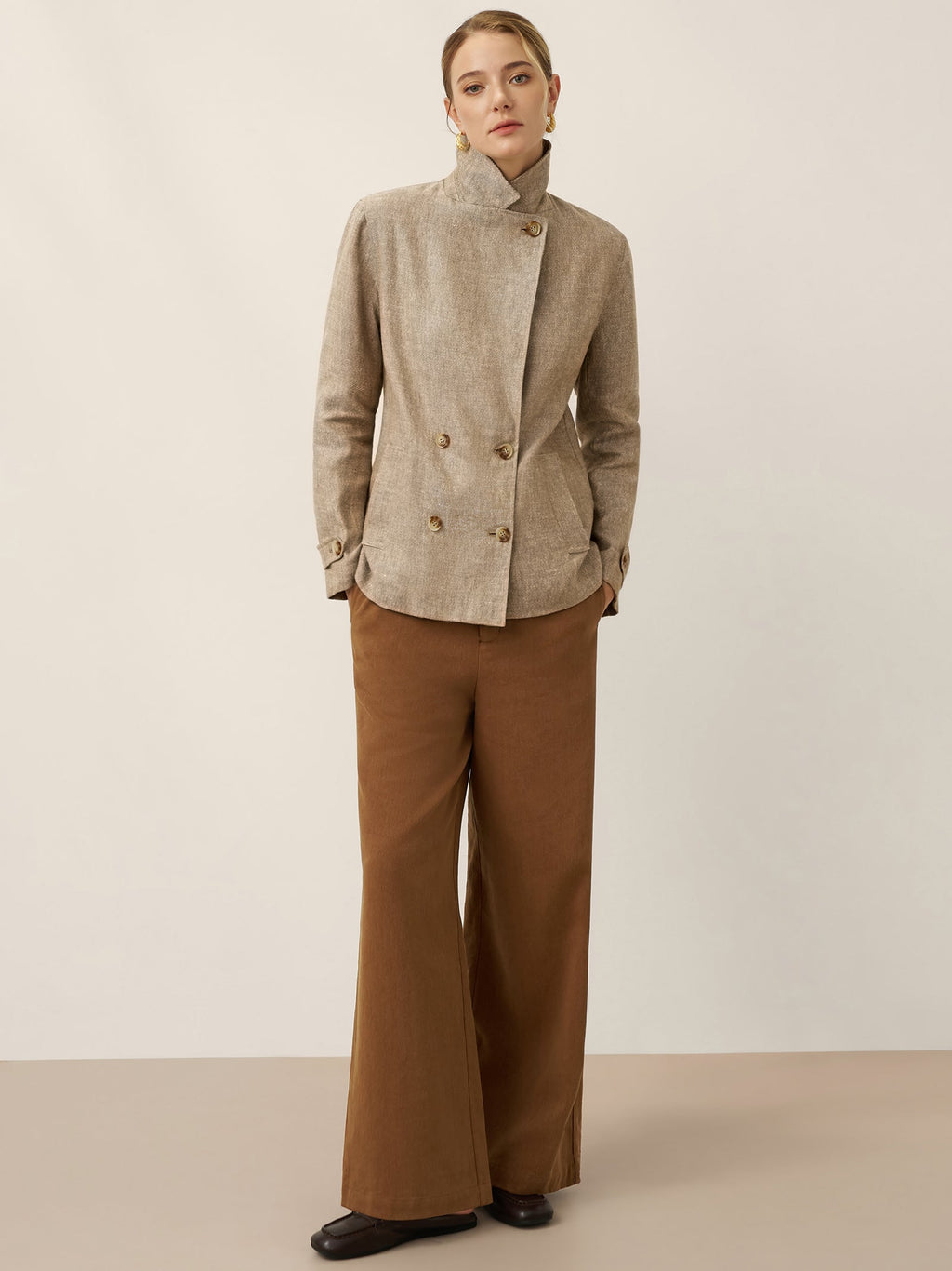 LINTICO 100% Linen Convertible Stand Collar Double Breasted Blazer Jacket NAOMI — detail shot 9