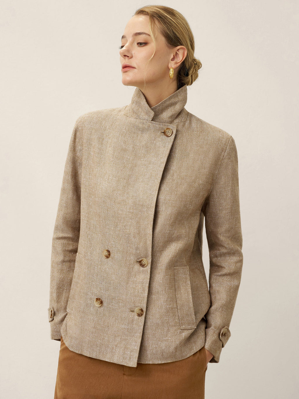 LINTICO 100% Linen Convertible Stand Collar Double Breasted Blazer Jacket NAOMI — construction detail
