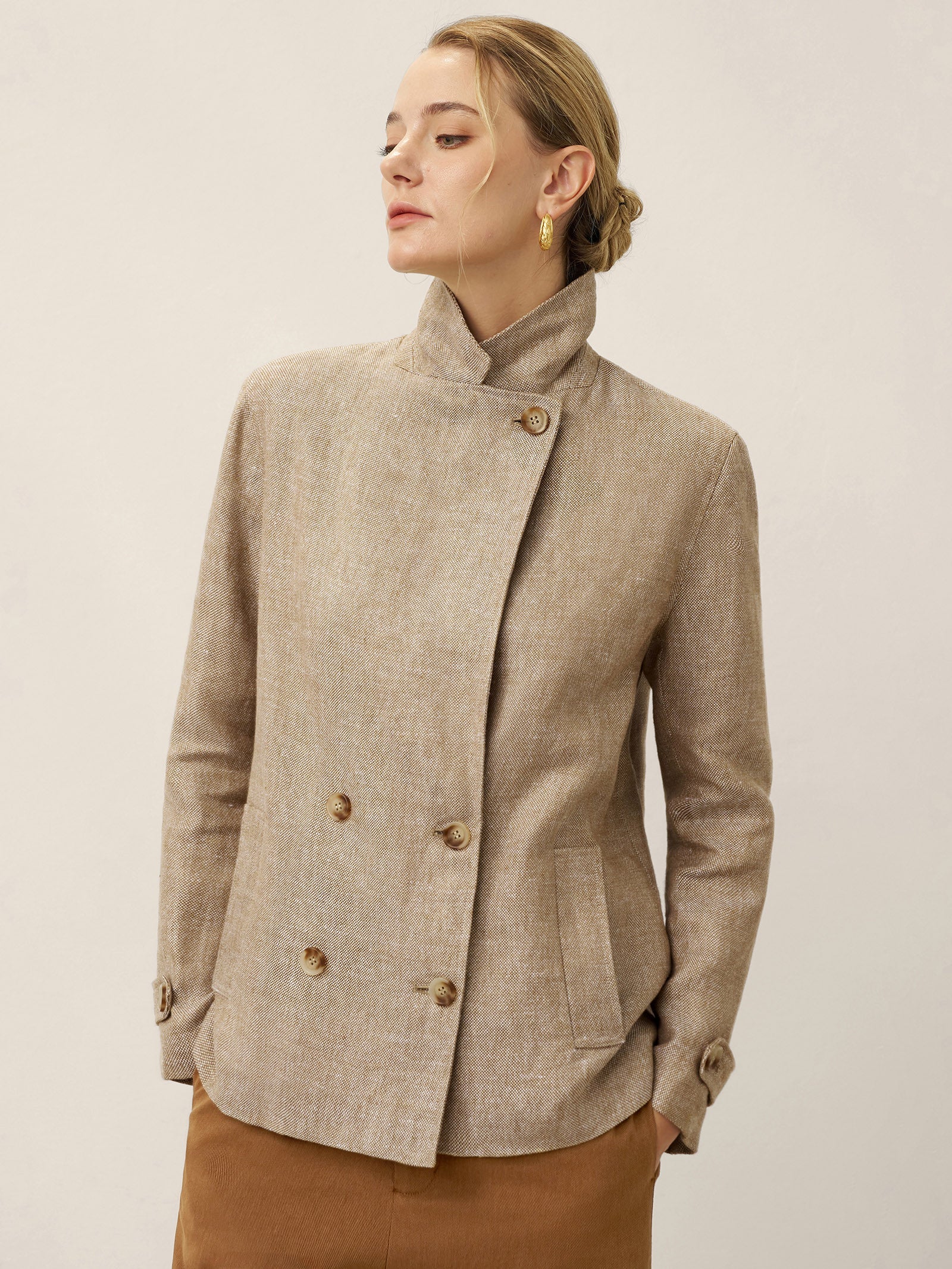 LINTICO 100% Linen Convertible Stand Collar Double Breasted Blazer Jacket NAOMI — construction detail