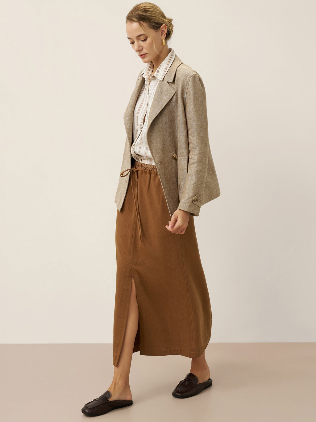 LINTICO 100% Linen Convertible Stand Collar Double Breasted Blazer Jacket NAOMI — detail shot 8