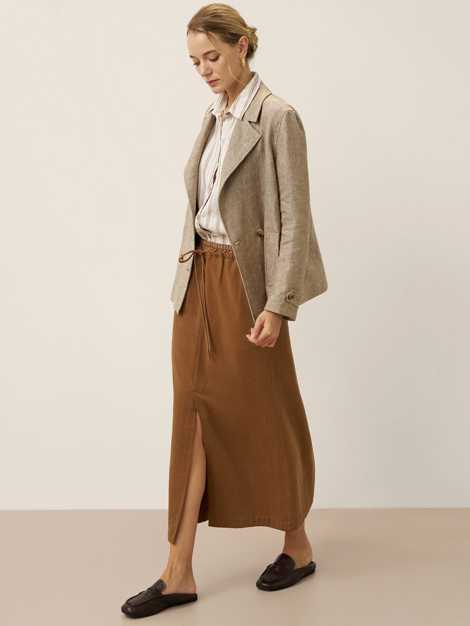 LINTICO 100% Linen Convertible Stand Collar Double Breasted Blazer Jacket NAOMI — detail shot 8
