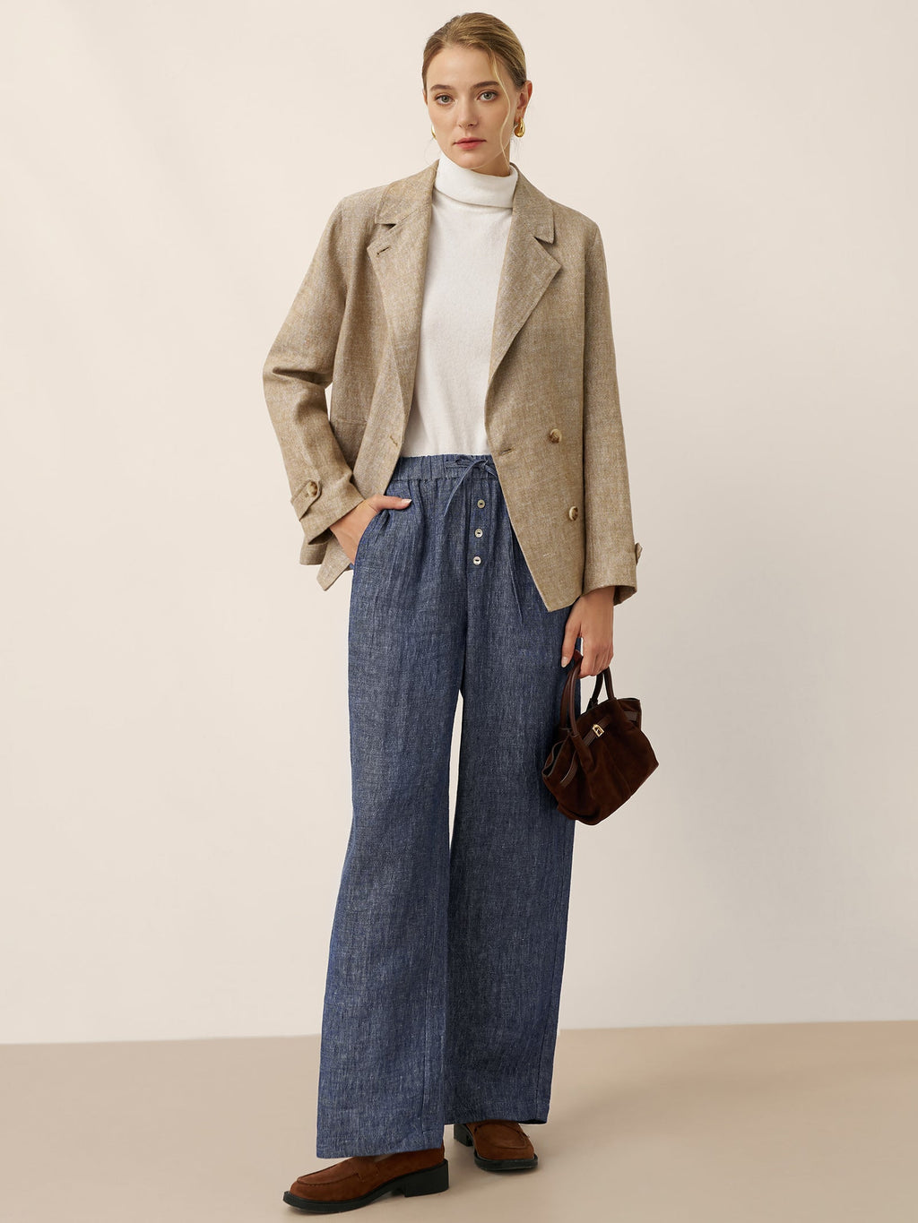 LINTICO 100% Linen Convertible Stand Collar Double Breasted Blazer Jacket NAOMI — detail shot 10