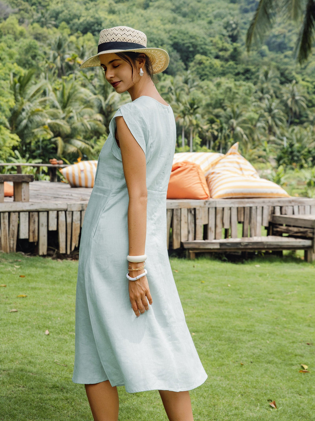 LINTICO 100% Linen Crescent Collar Flutter Sleeve Midi Dress FIONA — flat-lay composition
