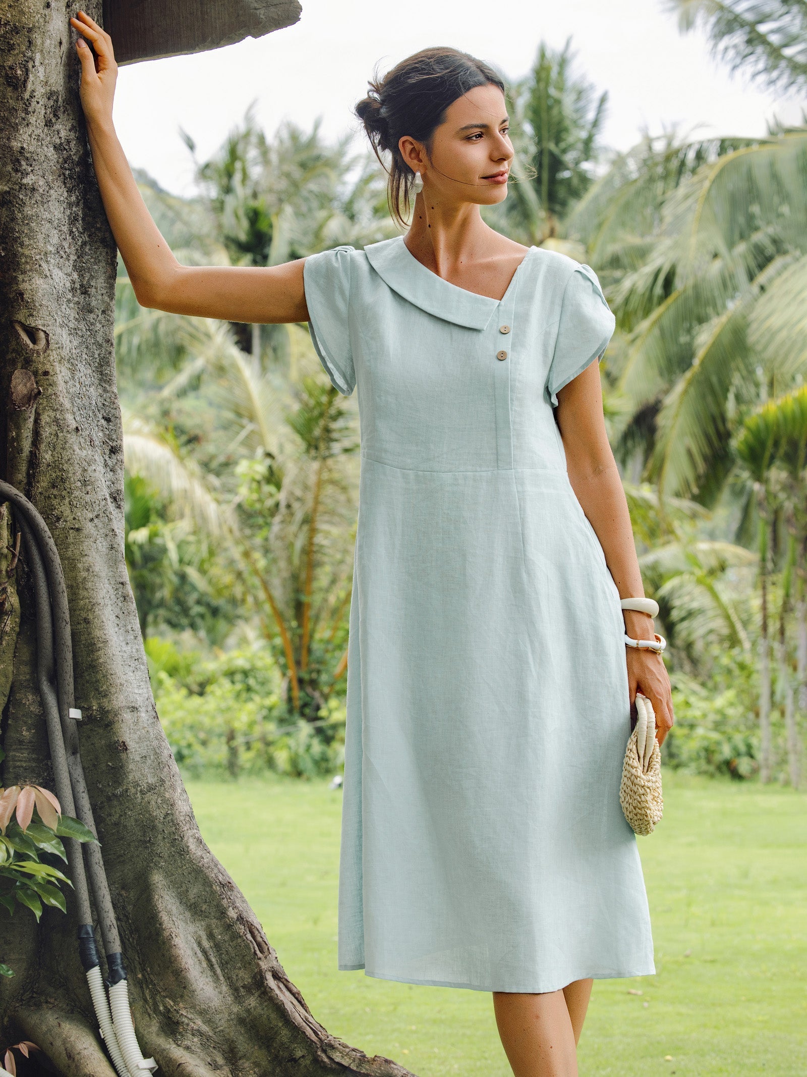 LINTICO 100% Linen Crescent Collar Flutter Sleeve Midi Dress FIONA — product on model
