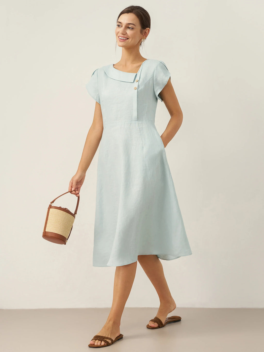 LINTICO 100% Linen Crescent Collar Flutter Sleeve Midi Dress FIONA — flat-lay composition