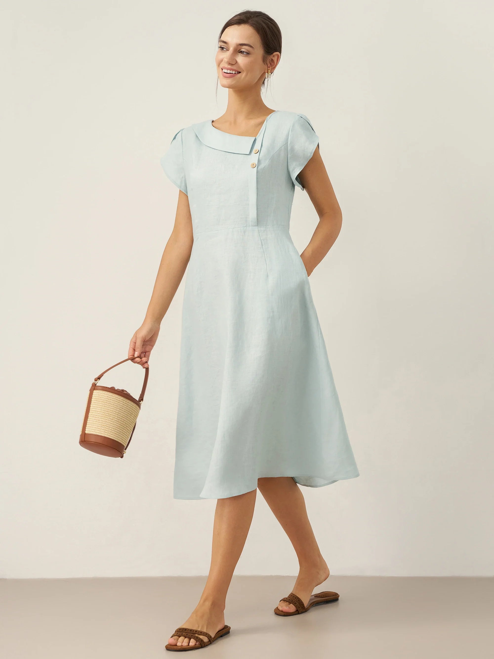 LINTICO 100% Linen Crescent Collar Flutter Sleeve Midi Dress FIONA — flat-lay composition