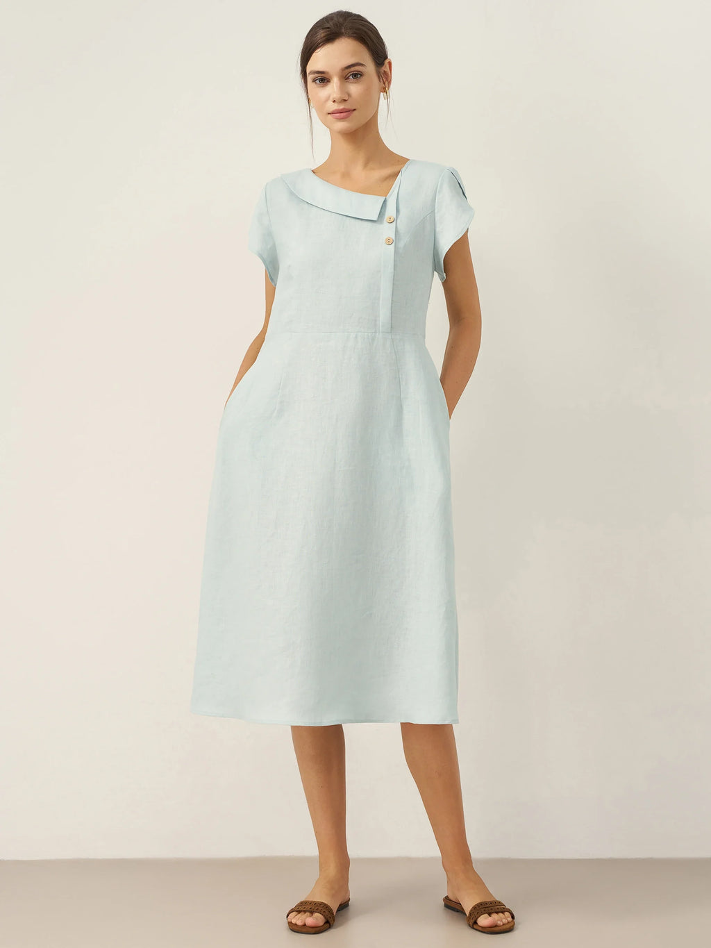 LINTICO 100% Linen Crescent Collar Flutter Sleeve Midi Dress FIONA — feature highlight