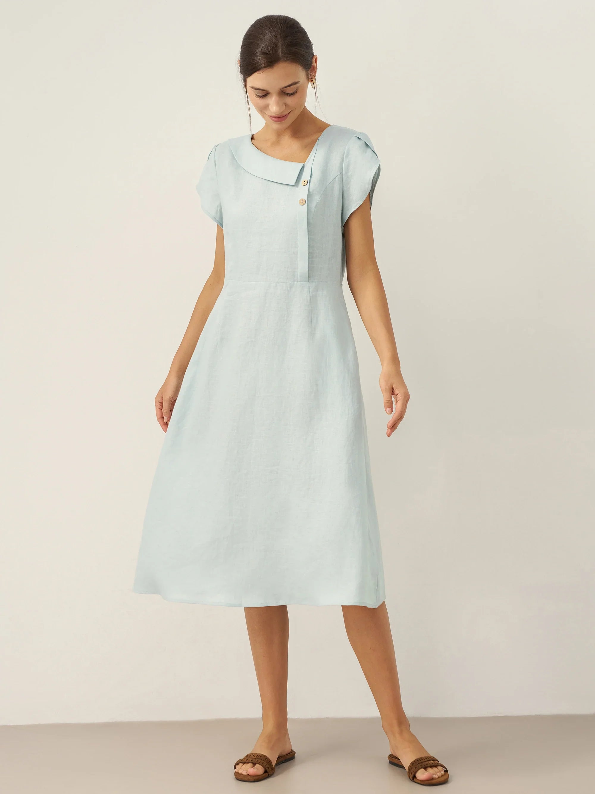 LINTICO 100% Linen Crescent Collar Flutter Sleeve Midi Dress FIONA — fabric or material detail