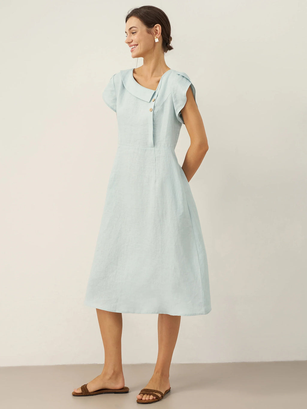LINTICO 100% Linen Crescent Collar Flutter Sleeve Midi Dress FIONA — feature highlight