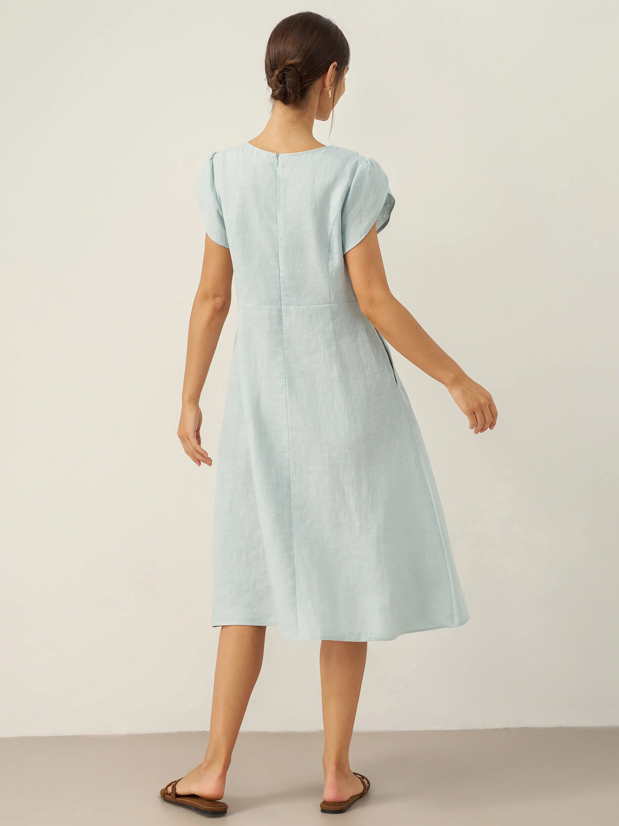 LINTICO 100% Linen Crescent Collar Flutter Sleeve Midi Dress FIONA — comparison shot