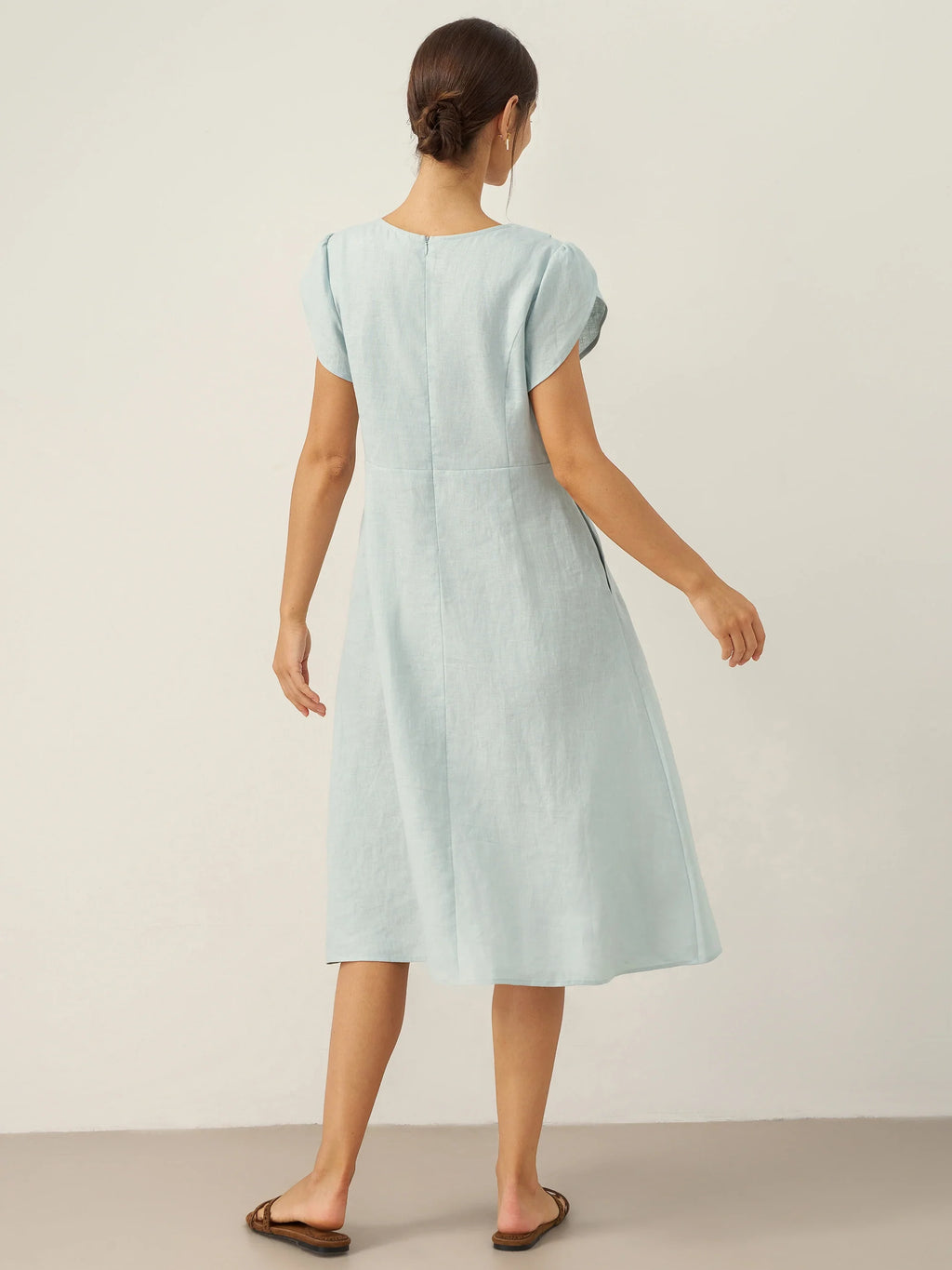 LINTICO 100% Linen Crescent Collar Flutter Sleeve Midi Dress FIONA — detail close-up