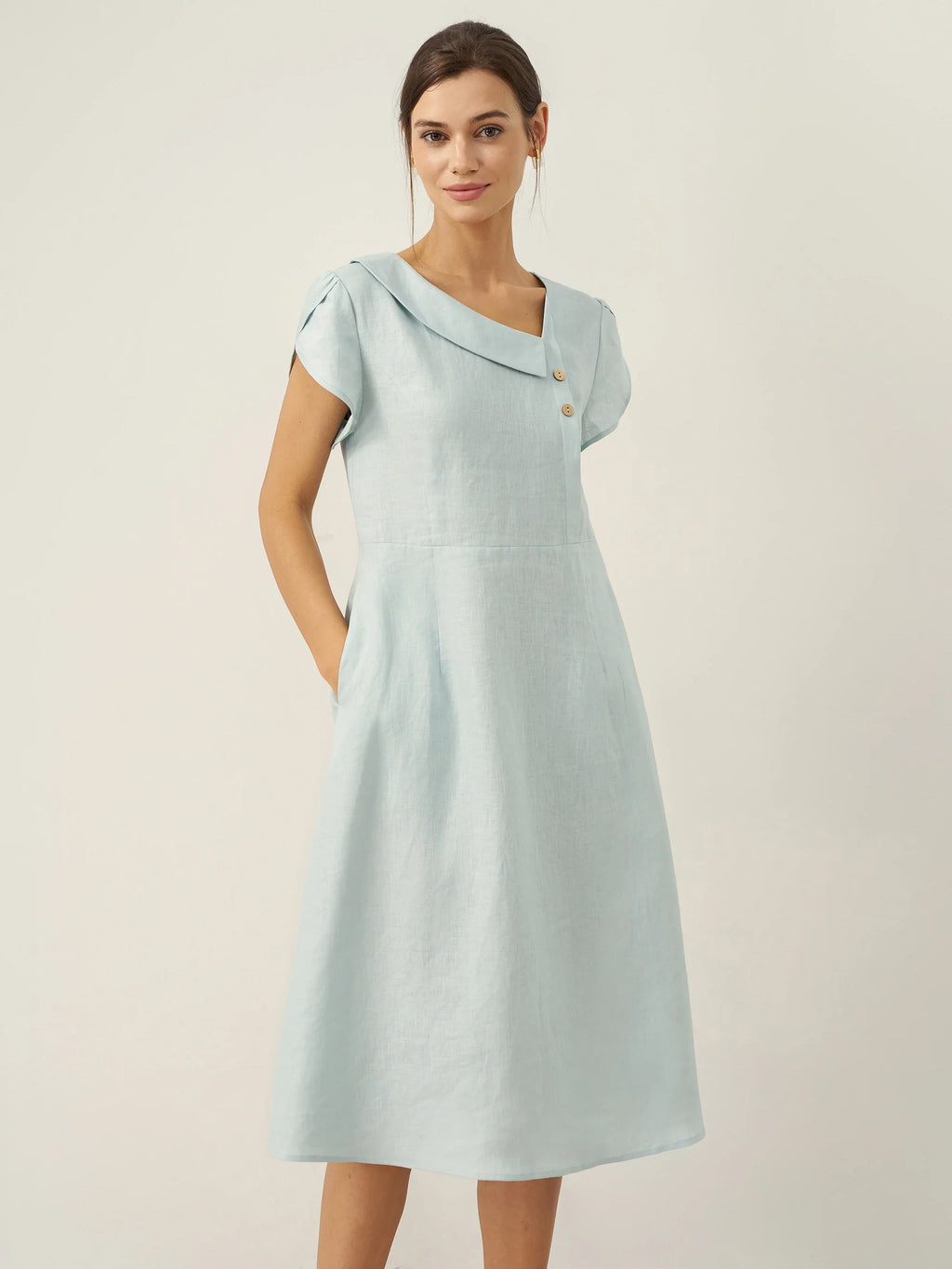 LINTICO 100% Linen Crescent Collar Flutter Sleeve Midi Dress FIONA — back view