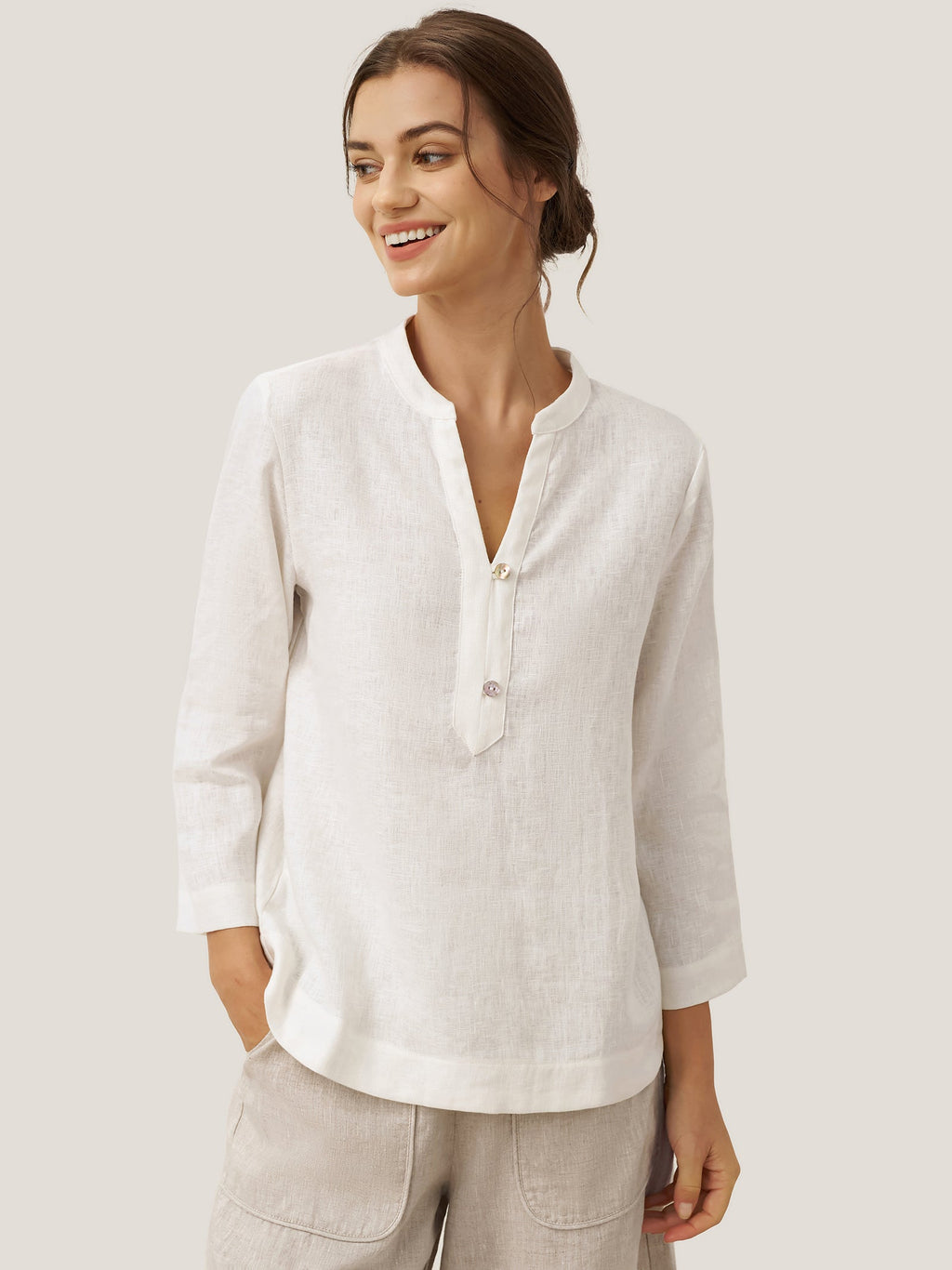 LINTICO 100% Linen Deep V-Neck Pullover with Button-Trim JOLYNE — main product shot