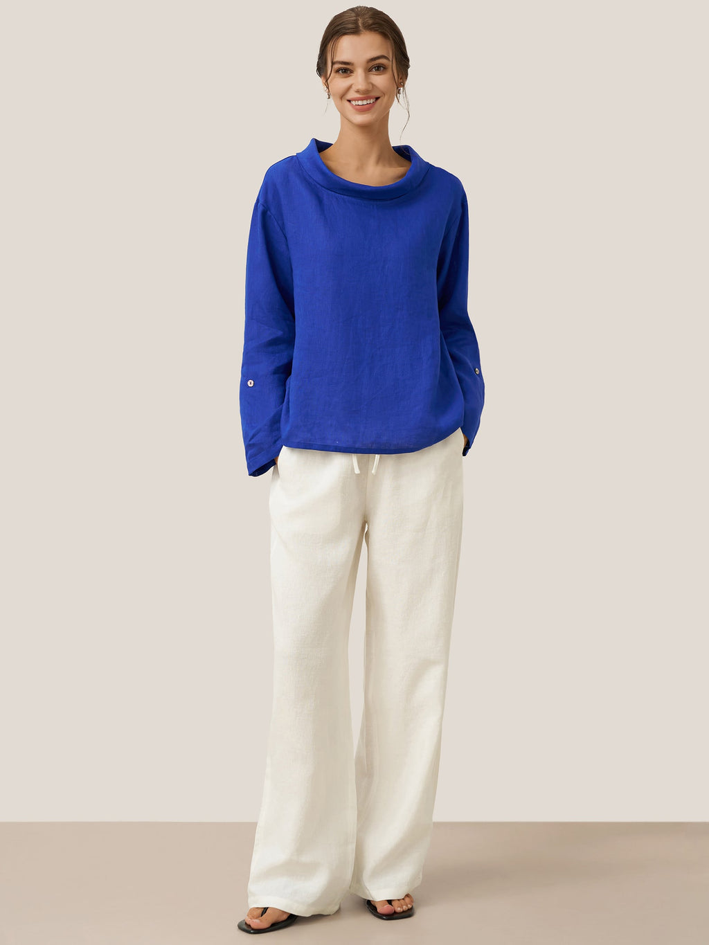 LINTICO 100% Linen Draped Neck Top HOLLIS — flat-lay composition