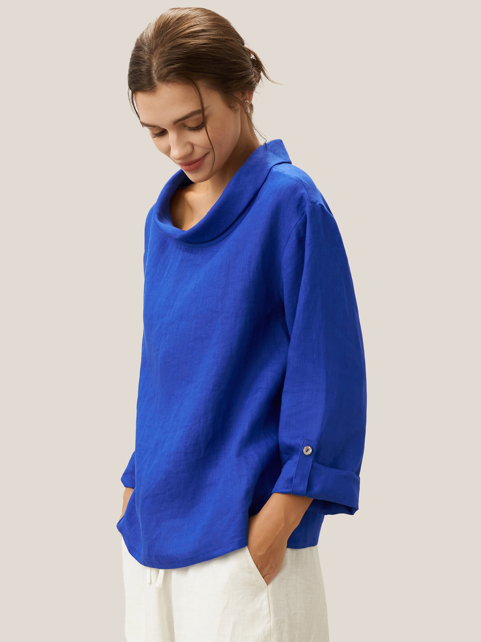 LINTICO 100% Linen Draped Neck Top HOLLIS — product on model