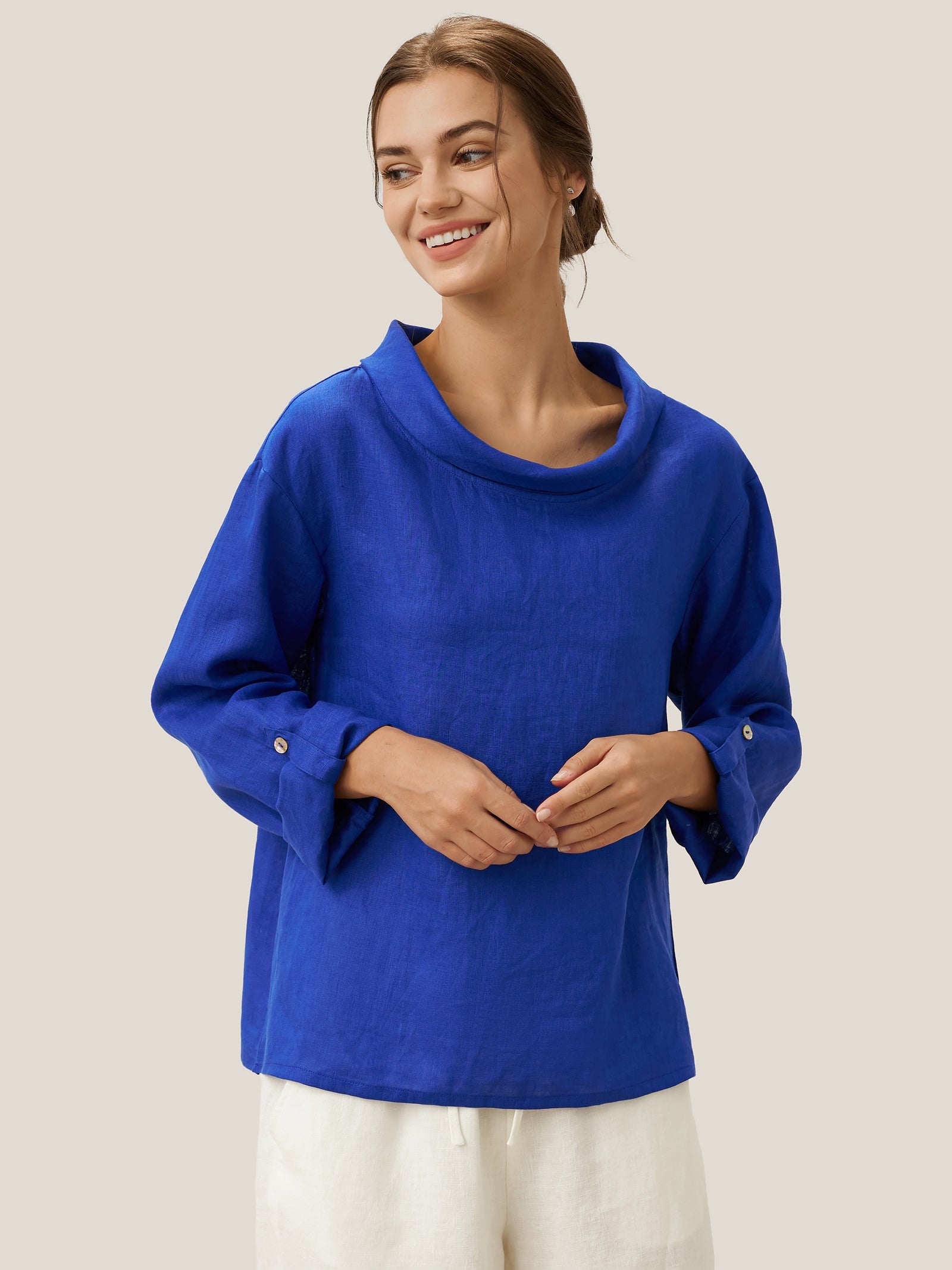 LINTICO 100% Linen Draped Neck Top HOLLIS — fabric or material detail