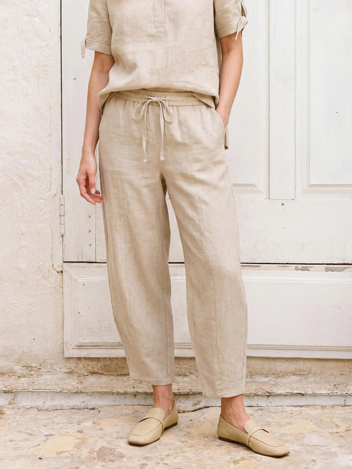 LINTICO 100% Linen Drawstring Waist Tapered Cropped Pants LANEY — bottoms-pants-linen category context
