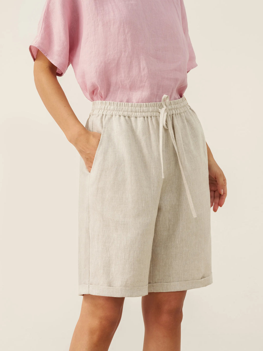 LINTICO 100% Linen Elastic Drawstring Waist Capri Pants XIMENA — construction detail