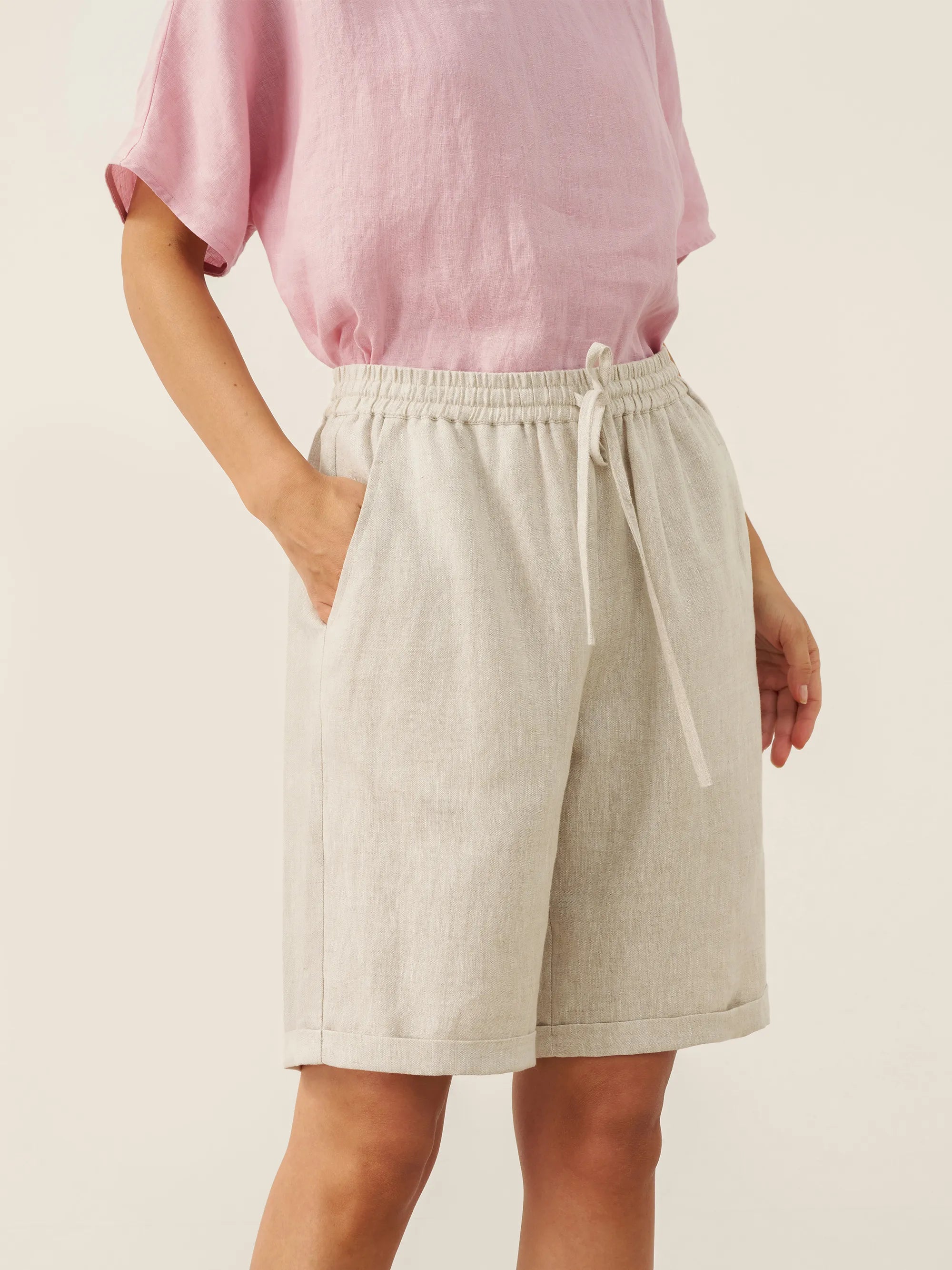 LINTICO 100% Linen Elastic Drawstring Waist Capri Pants XIMENA — construction detail