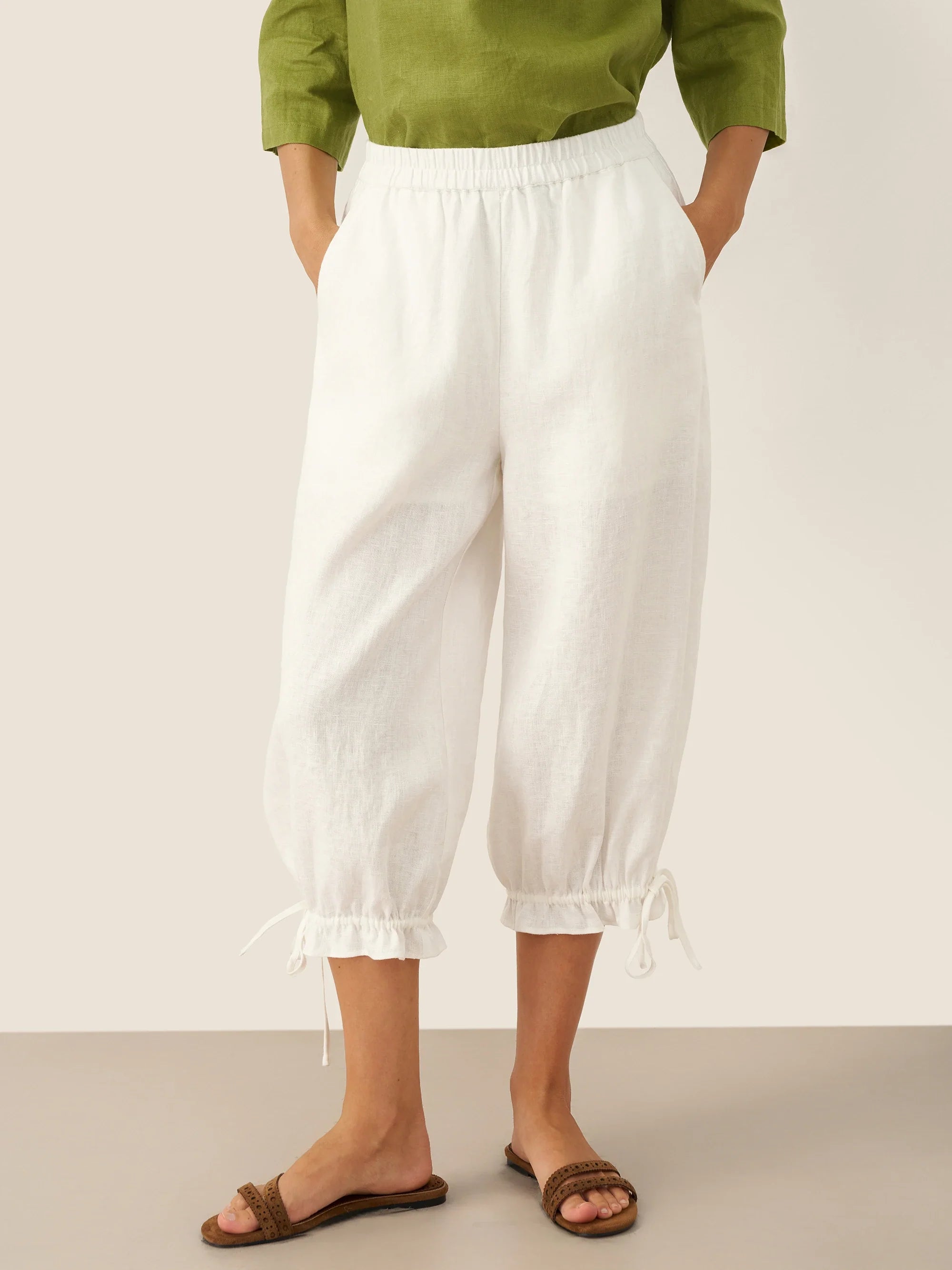 LINTICO 100% Linen Elastic Waist Ruffled Cuff Pants RUBY — main product shot