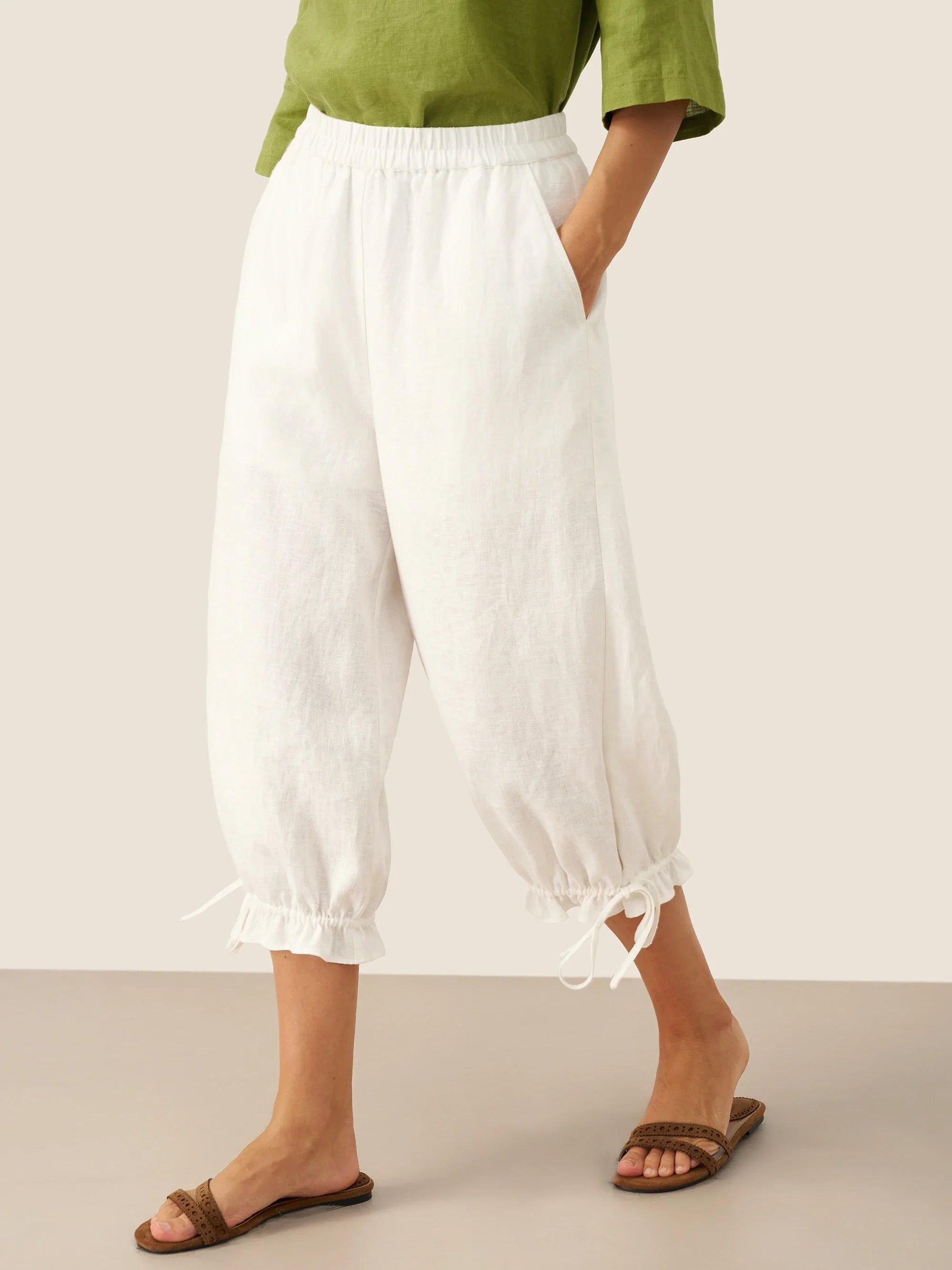 LINTICO 100% Linen Elastic Waist Ruffled Cuff Pants RUBY — construction detail