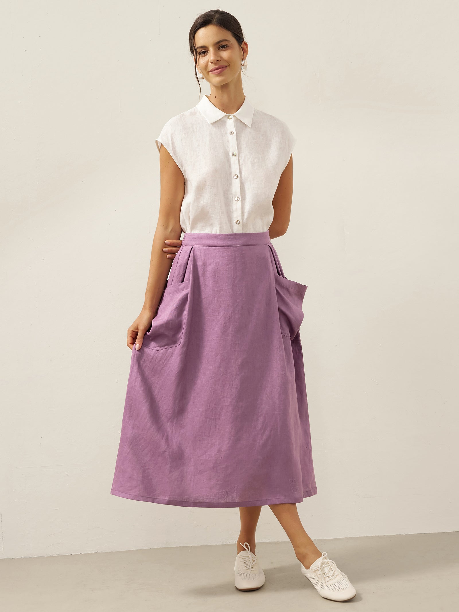 Linen Checked Elastic Waist Skirt MARINA